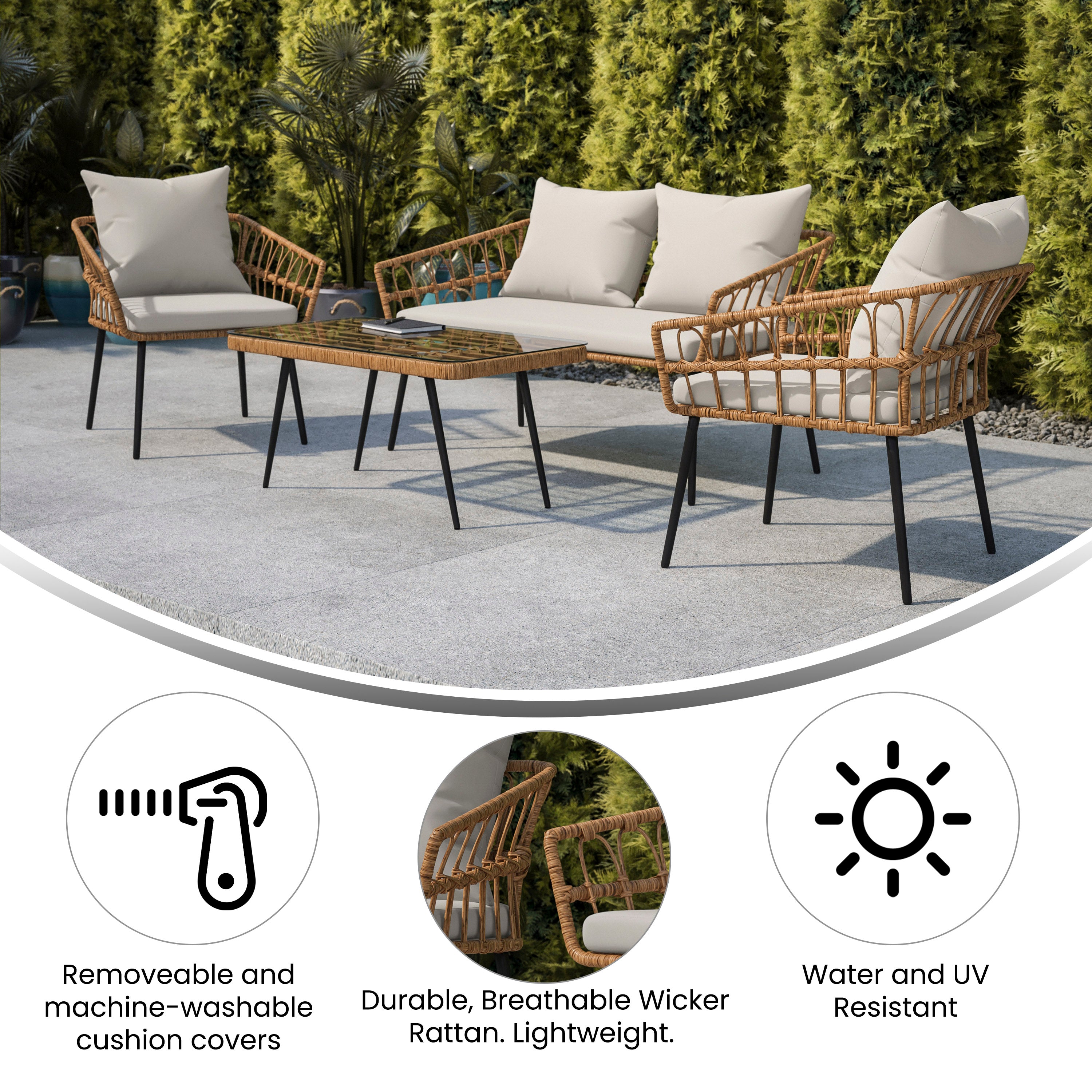 Evin Boho 4 Piece Indoor/Outdoor Rope Rattan Patio Conversation Set with Tempered Glass Top Coffee Table and Gray Cushions, Natural