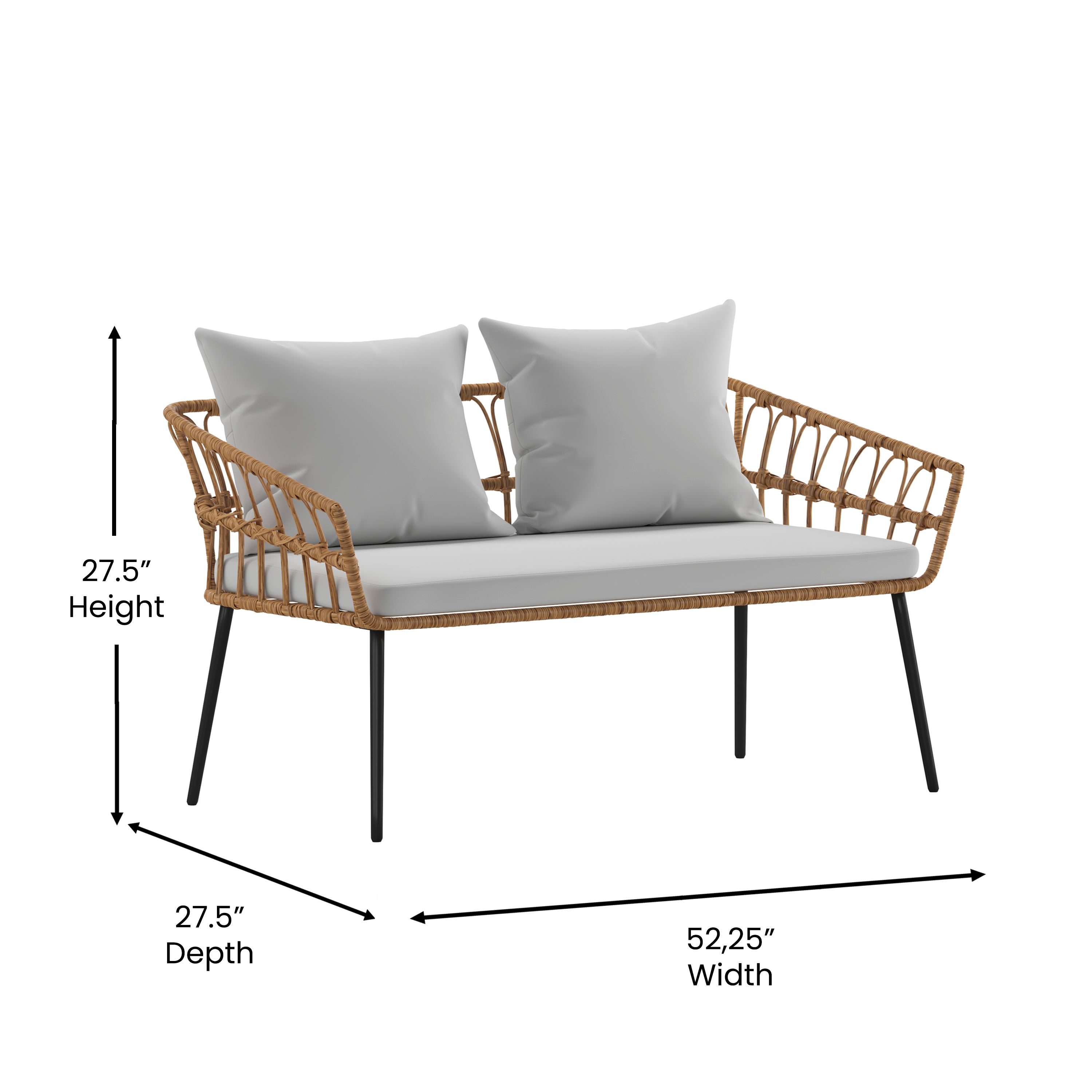 Evin Boho 4 Piece Indoor/Outdoor Rope Rattan Patio Conversation Set with Tempered Glass Top Coffee Table and Gray Cushions, Natural
