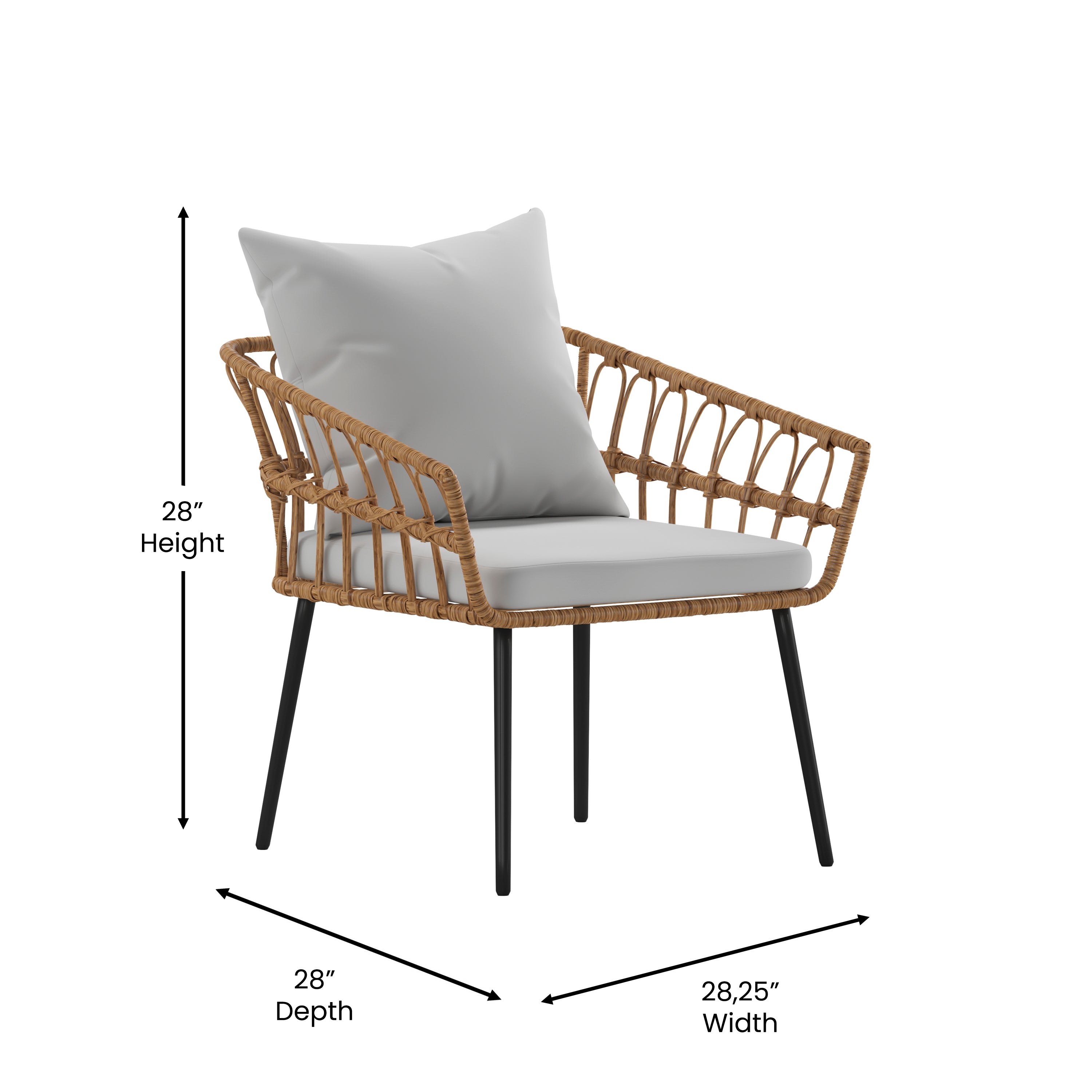 Evin Boho 4 Piece Indoor/Outdoor Rope Rattan Patio Conversation Set with Tempered Glass Top Coffee Table and Gray Cushions, Natural