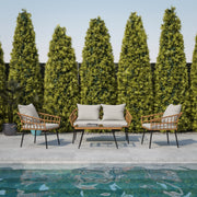 Evin Boho 4 Piece Indoor/Outdoor Rope Rattan Patio Conversation Set with Tempered Glass Top Coffee Table and Gray Cushions, Natural
