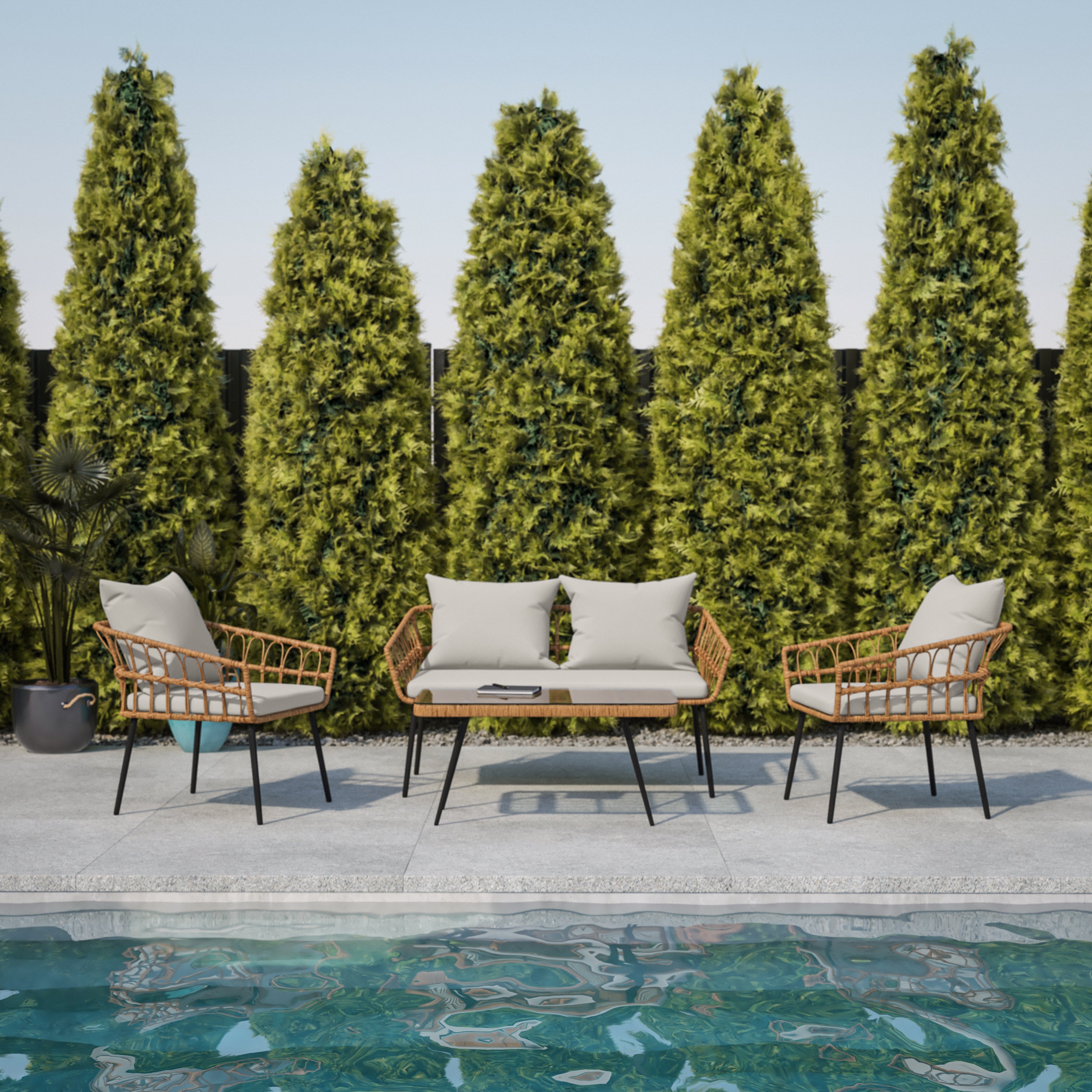 Evin Boho 4 Piece Indoor/Outdoor Rope Rattan Patio Conversation Set with Tempered Glass Top Coffee Table and Gray Cushions, Natural