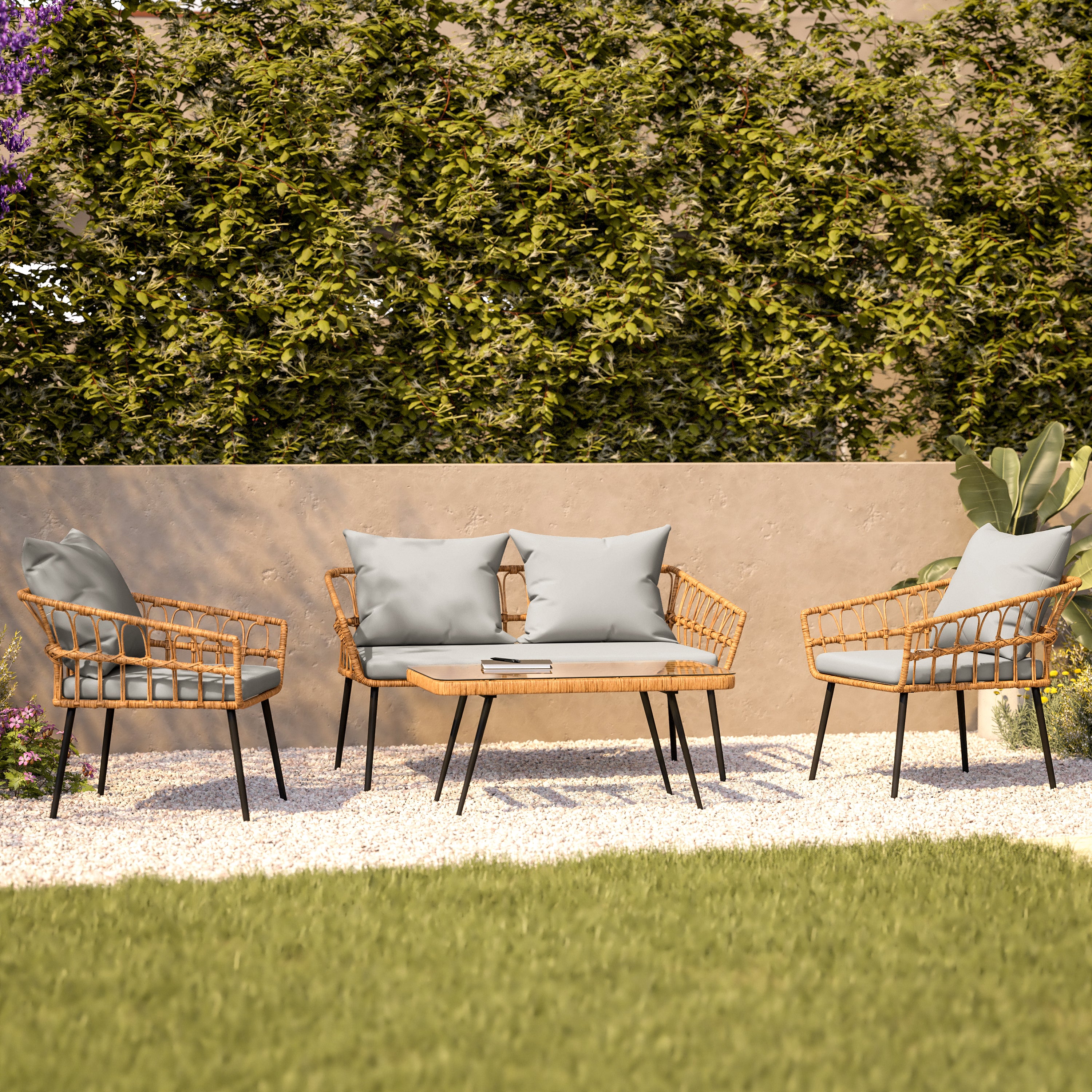 Evin Boho 4 Piece Indoor/Outdoor Rope Rattan Patio Conversation Set with Tempered Glass Top Coffee Table and Gray Cushions, Natural