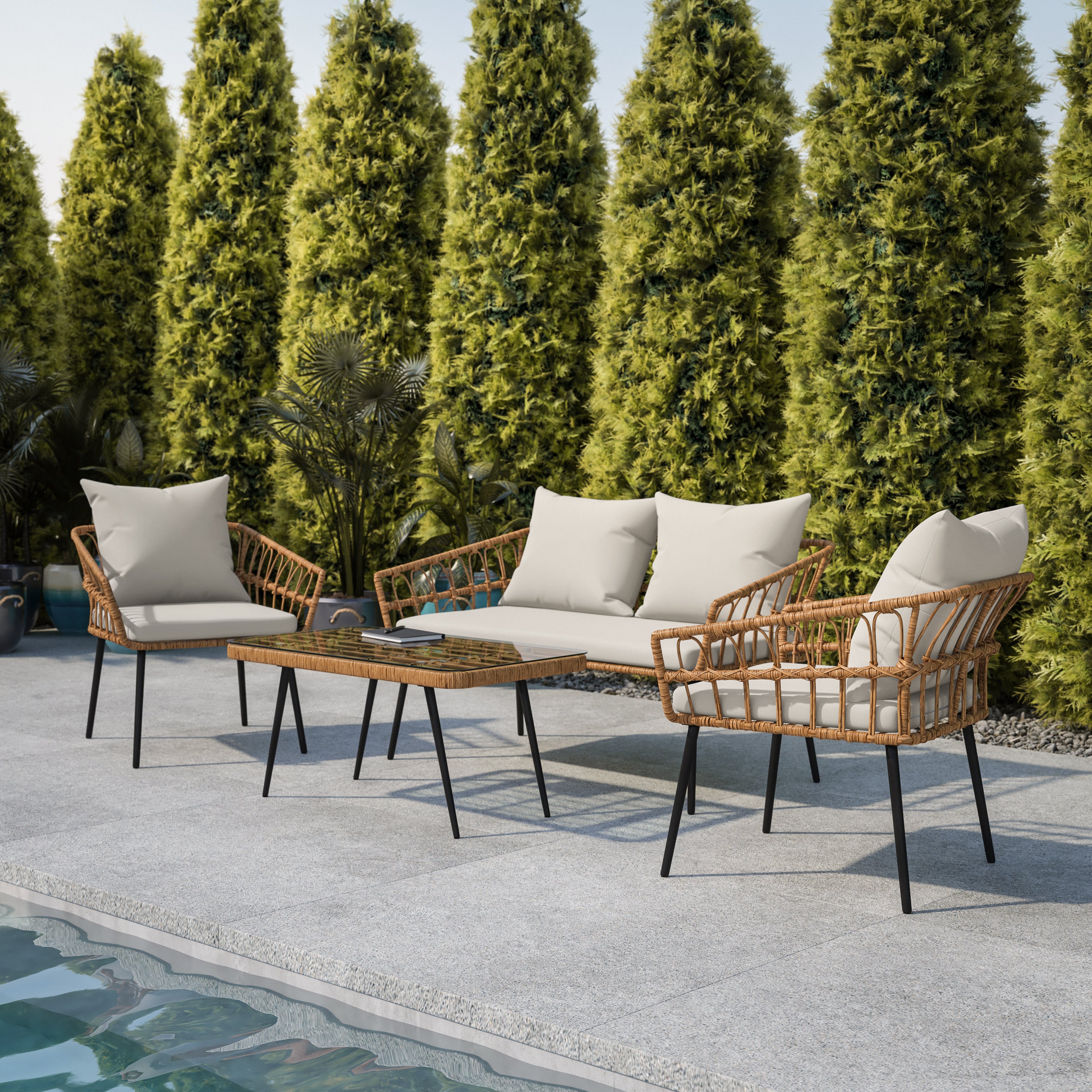 Evin Boho 4 Piece Indoor/Outdoor Rope Rattan Patio Conversation Set with Tempered Glass Top Coffee Table and Gray Cushions, Natural