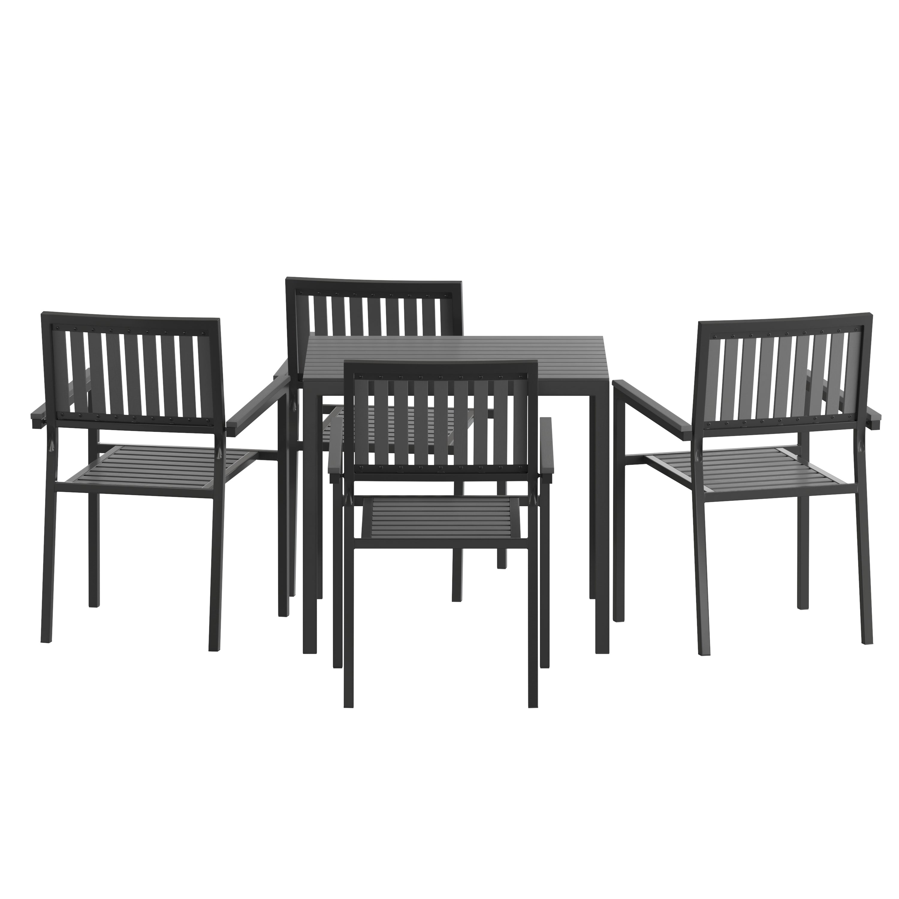 Harris 5 Piece Commercial Indoor/Outdoor Table and Chairs with Black Poly Resin Slatted Backs and Seats