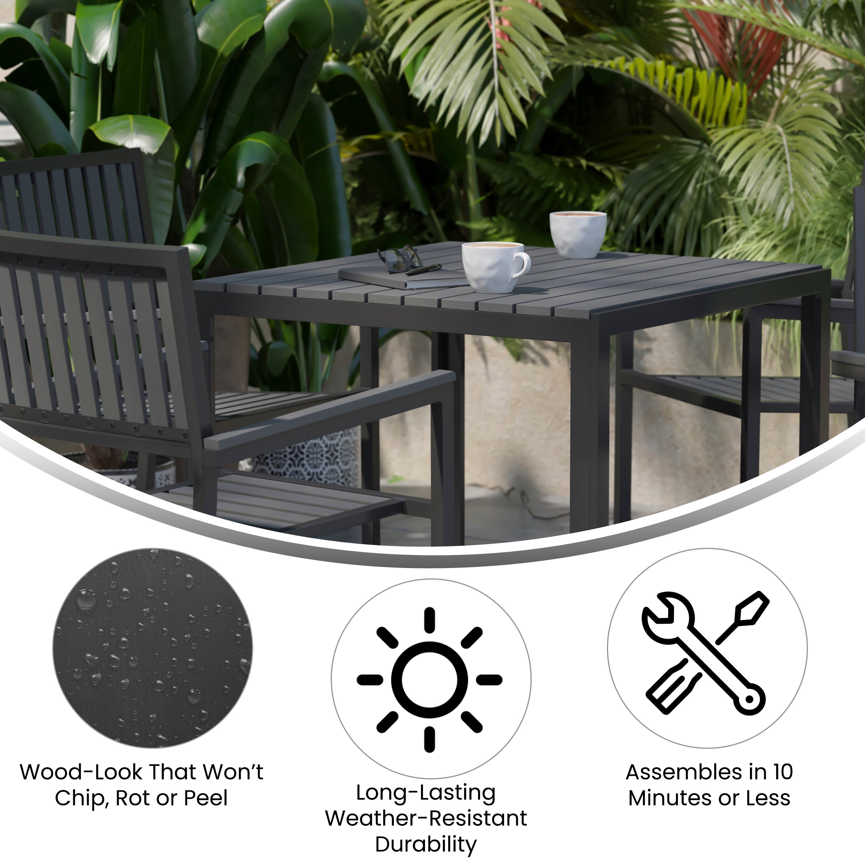 Harris 5 Piece Commercial Indoor/Outdoor Table and Chairs with Black Poly Resin Slatted Backs and Seats