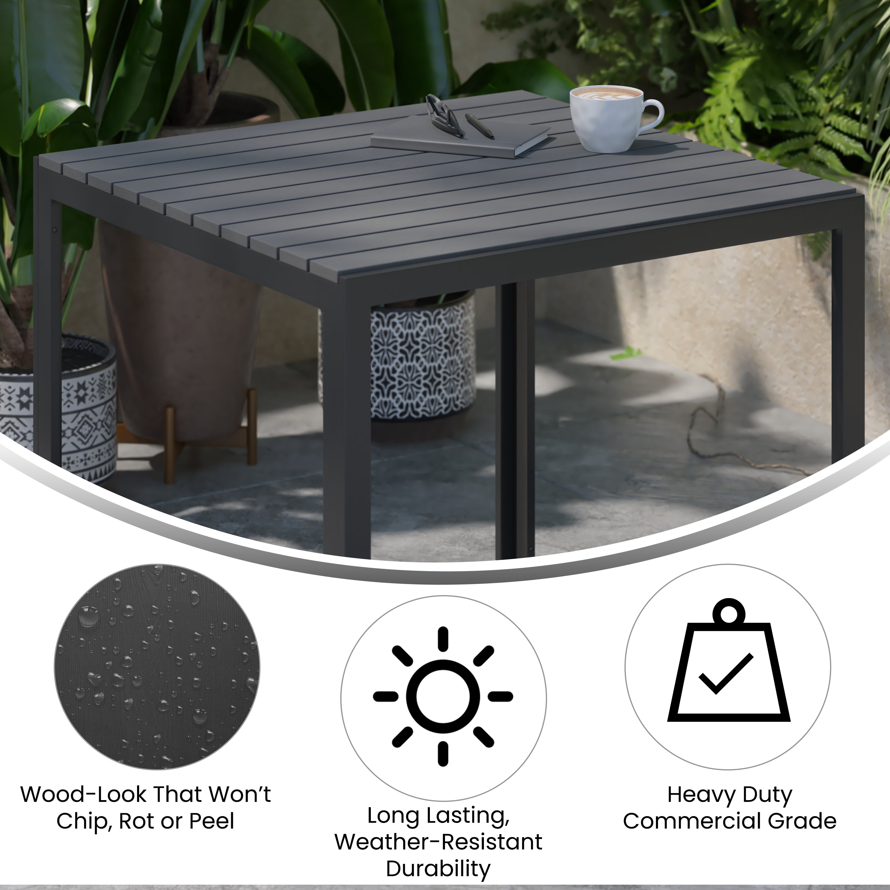Harris Commercial Grade Indoor/Outdoor Black Square Steel Patio Dining Table for 4 with Black Poly Resin Slatted Top