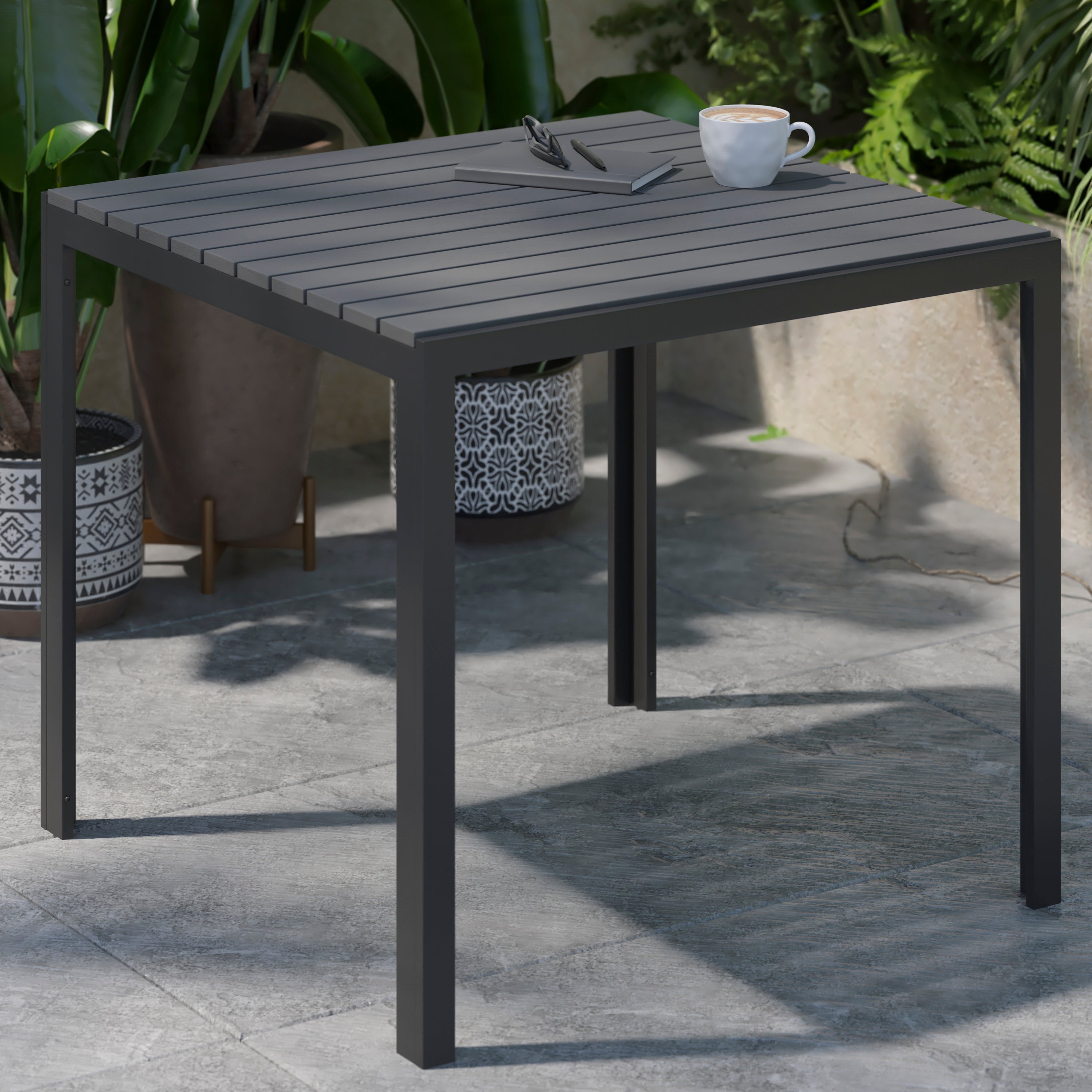 Harris Commercial Grade Indoor/Outdoor Black Square Steel Patio Dining Table for 4 with Black Poly Resin Slatted Top