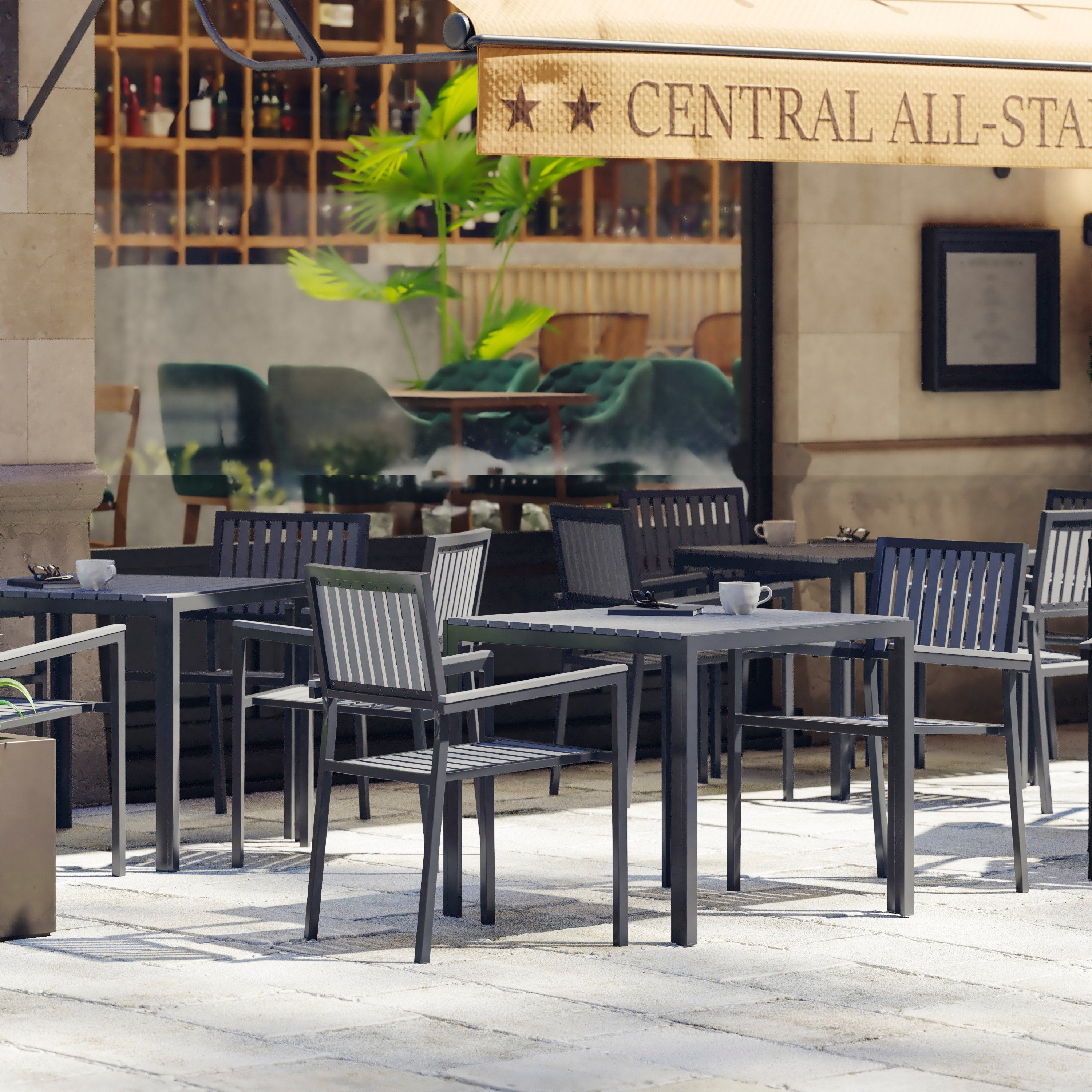 Harris Commercial Grade Indoor/Outdoor Black Square Steel Patio Dining Table for 4 with Black Poly Resin Slatted Top