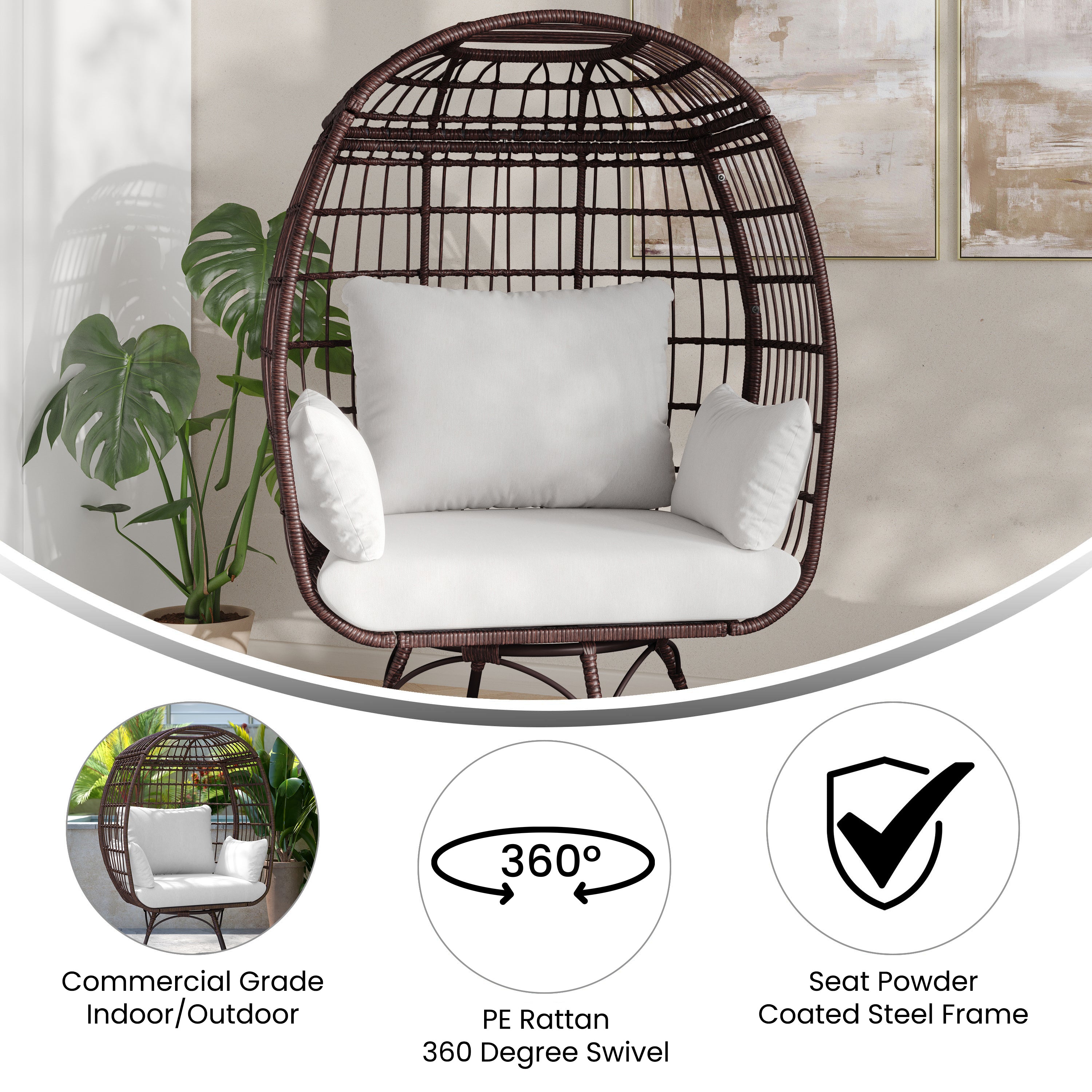 Zola Commercial Brown/Cream Indoor/Outdoor Oversized Wicker Egg Swivel Lounge Chair with 4 Cushions for Living Room, Patio, and Backyard Use