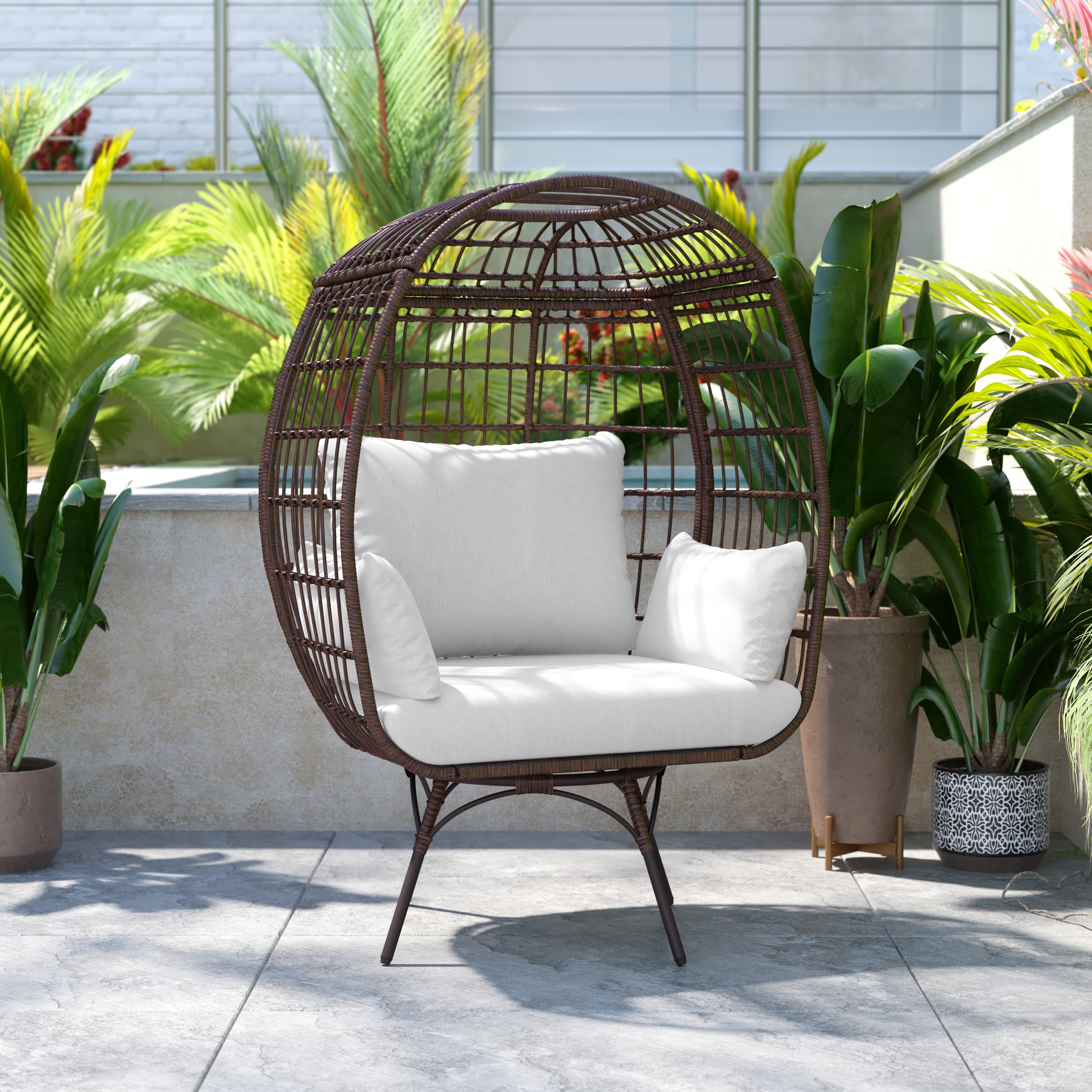 Zola Commercial Brown/Cream Indoor/Outdoor Oversized Wicker Egg Swivel Lounge Chair with 4 Cushions for Living Room, Patio, and Backyard Use