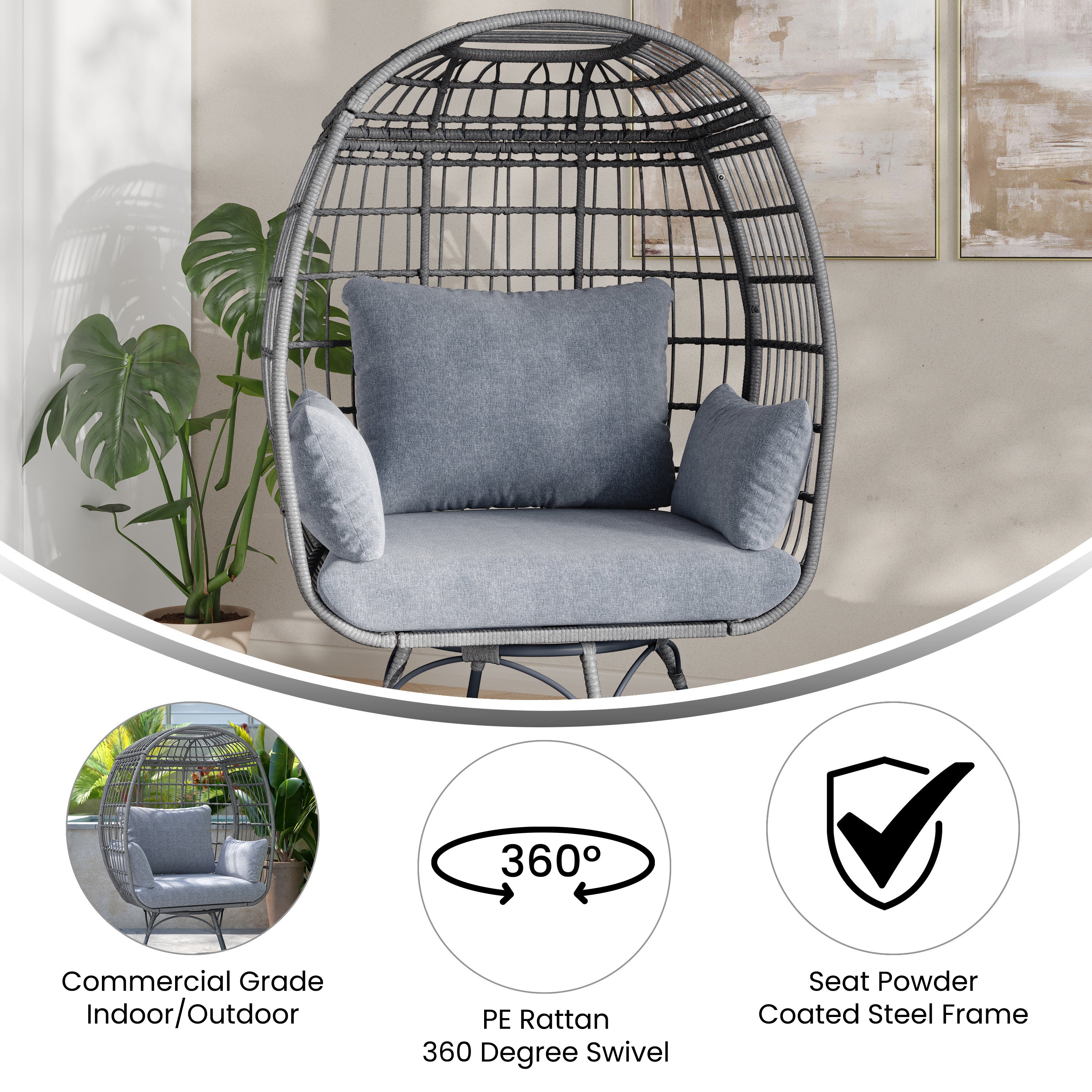 Zola Commercial Gray Indoor/Outdoor Oversized Wicker Egg Swivel Lounge Chair with 4 Cushions for Living Room, Patio, and Backyard Use