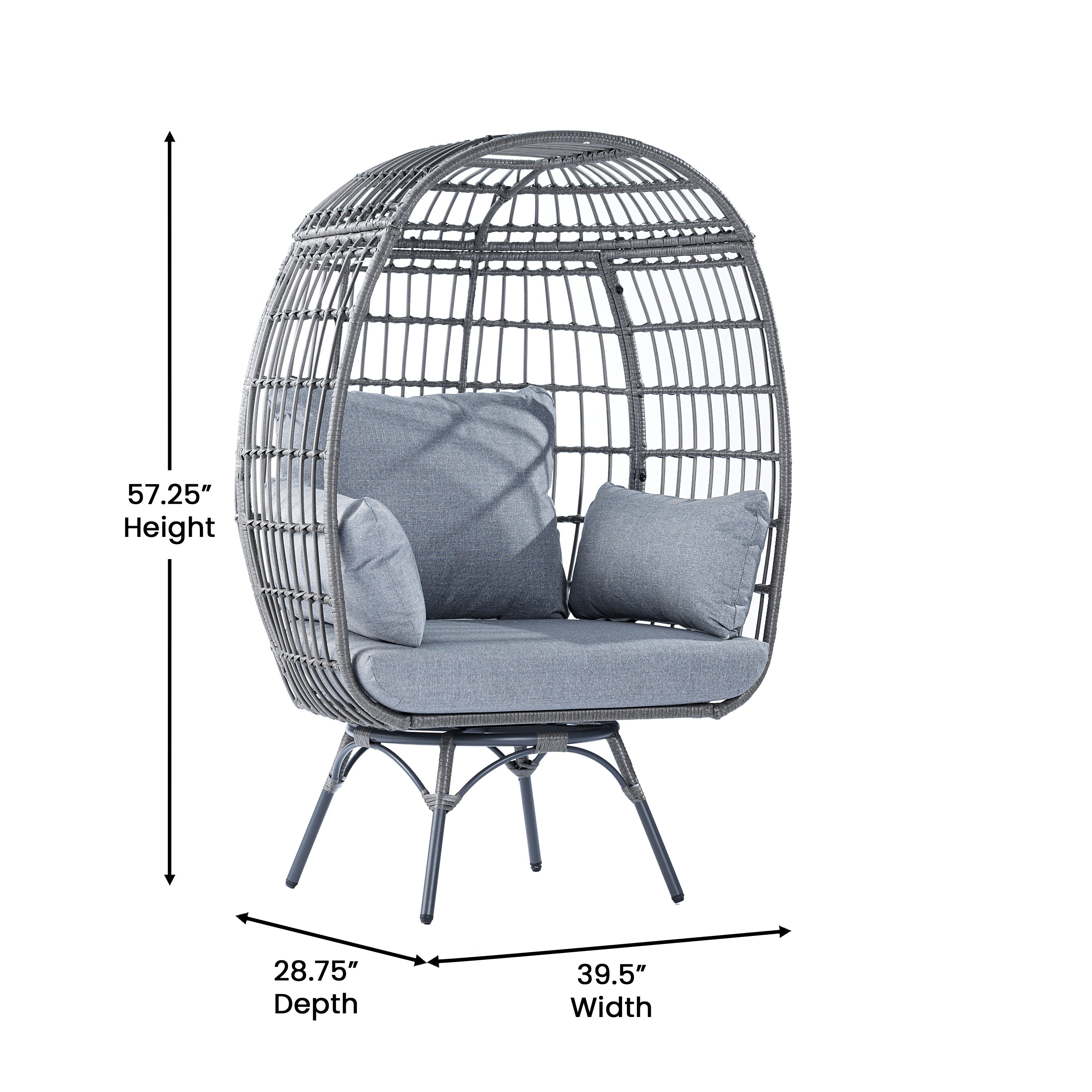 Zola Commercial Gray Indoor/Outdoor Oversized Wicker Egg Swivel Lounge Chair with 4 Cushions for Living Room, Patio, and Backyard Use