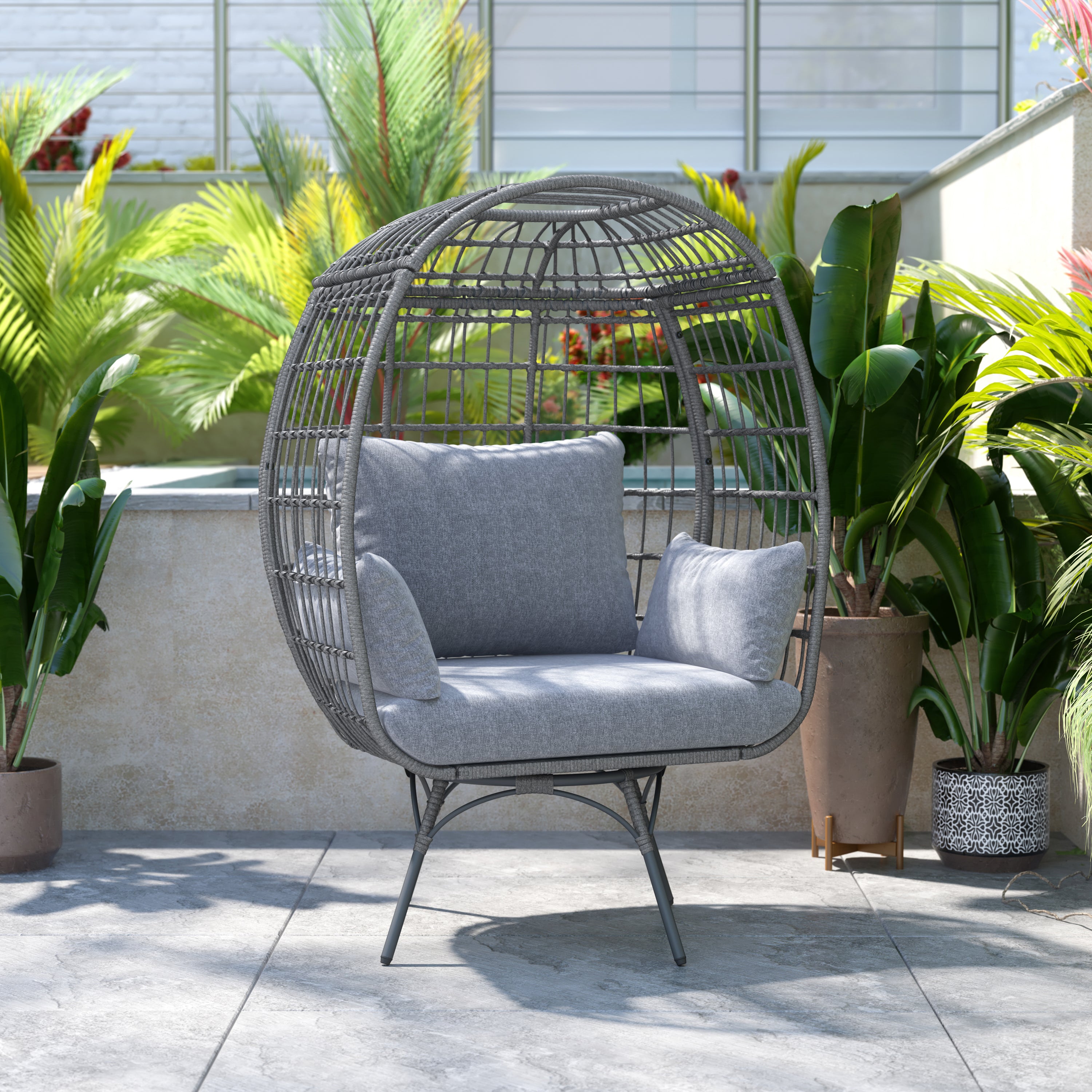 Zola Commercial Gray Indoor/Outdoor Oversized Wicker Egg Swivel Lounge Chair with 4 Cushions for Living Room, Patio, and Backyard Use