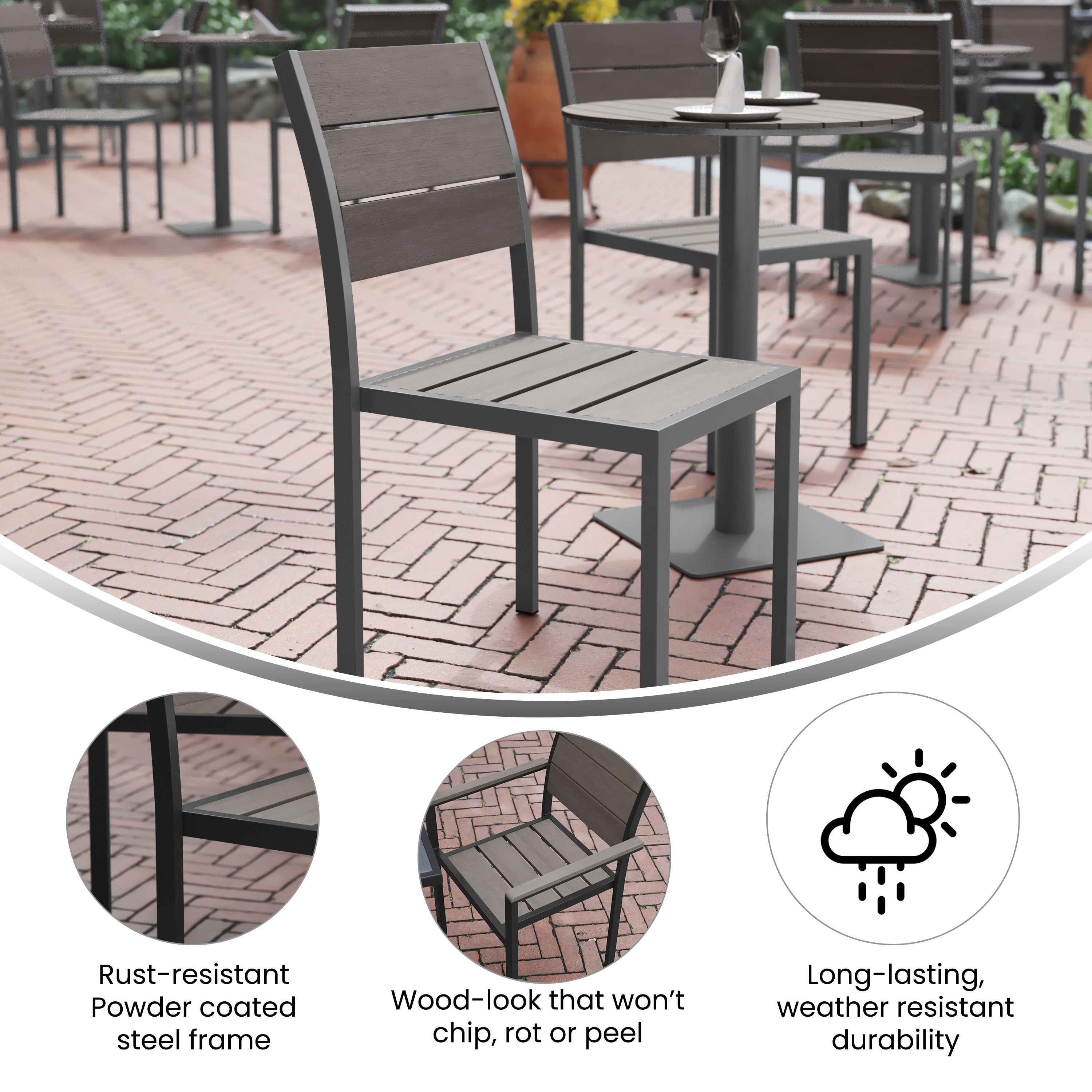 Finch Commercial Grade Armless Patio Chair, Stackable Side Chair with Faux Teak Poly Slats and Metal Frame, Gray/Gray