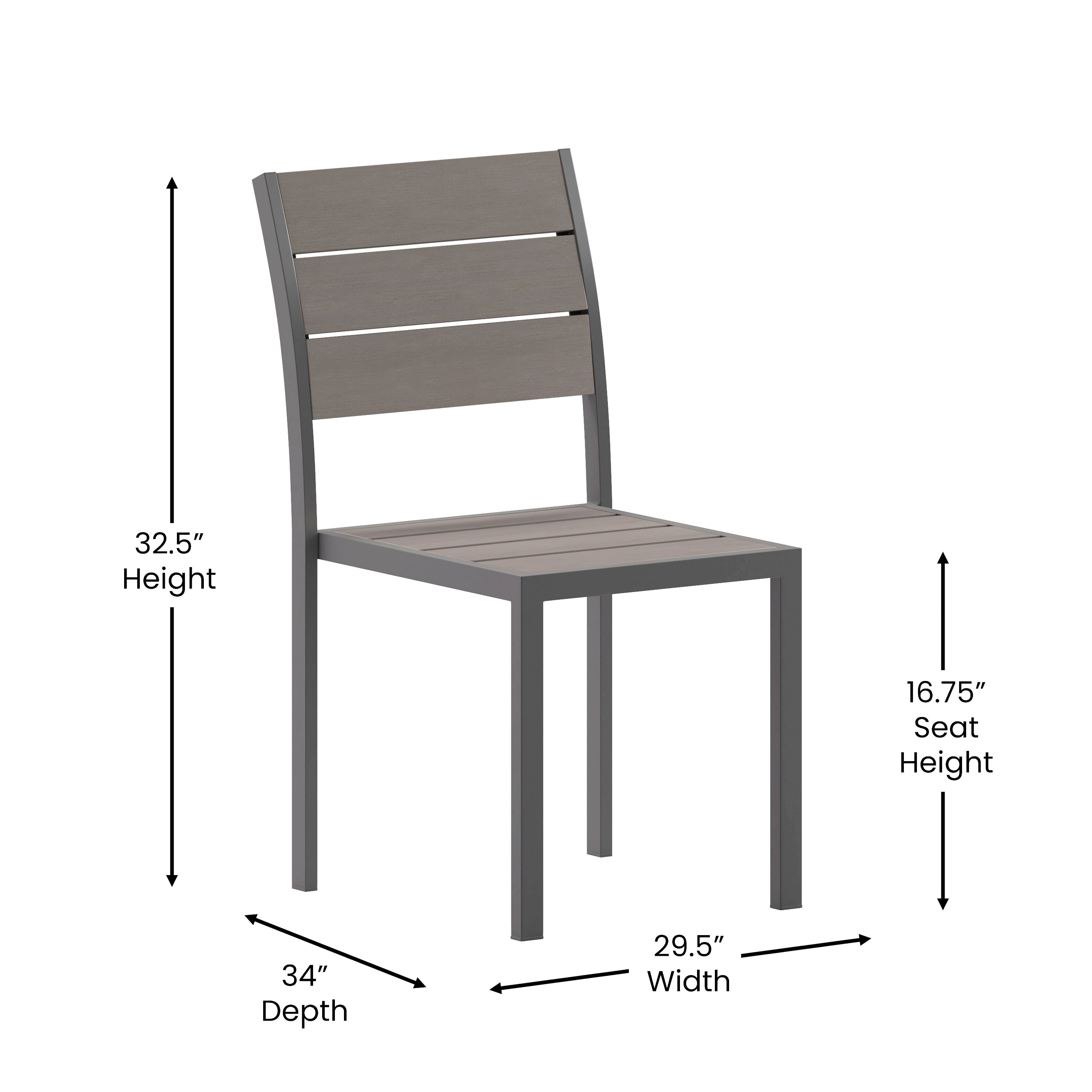 Finch Commercial Grade Armless Patio Chair, Stackable Side Chair with Faux Teak Poly Slats and Metal Frame, Gray/Gray