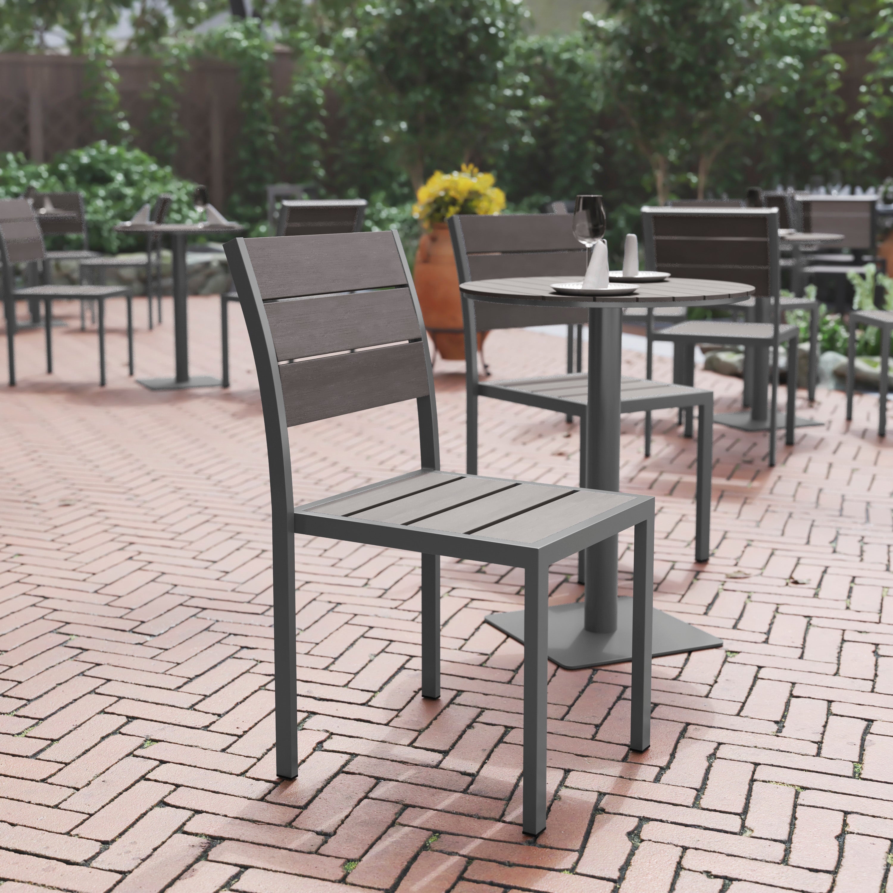 Finch Commercial Grade Armless Patio Chair, Stackable Side Chair with Faux Teak Poly Slats and Metal Frame, Gray/Gray