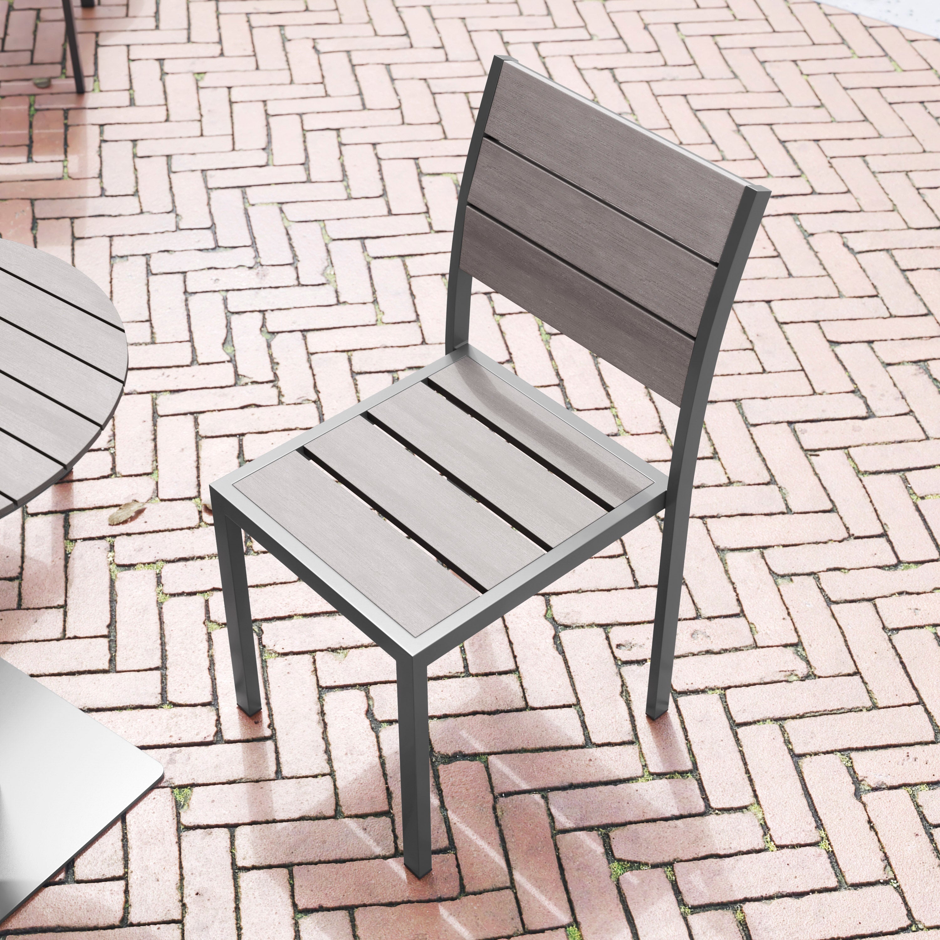 Finch Commercial Grade Armless Patio Chair, Stackable Side Chair with Faux Teak Poly Slats and Metal Frame, Gray/Gray