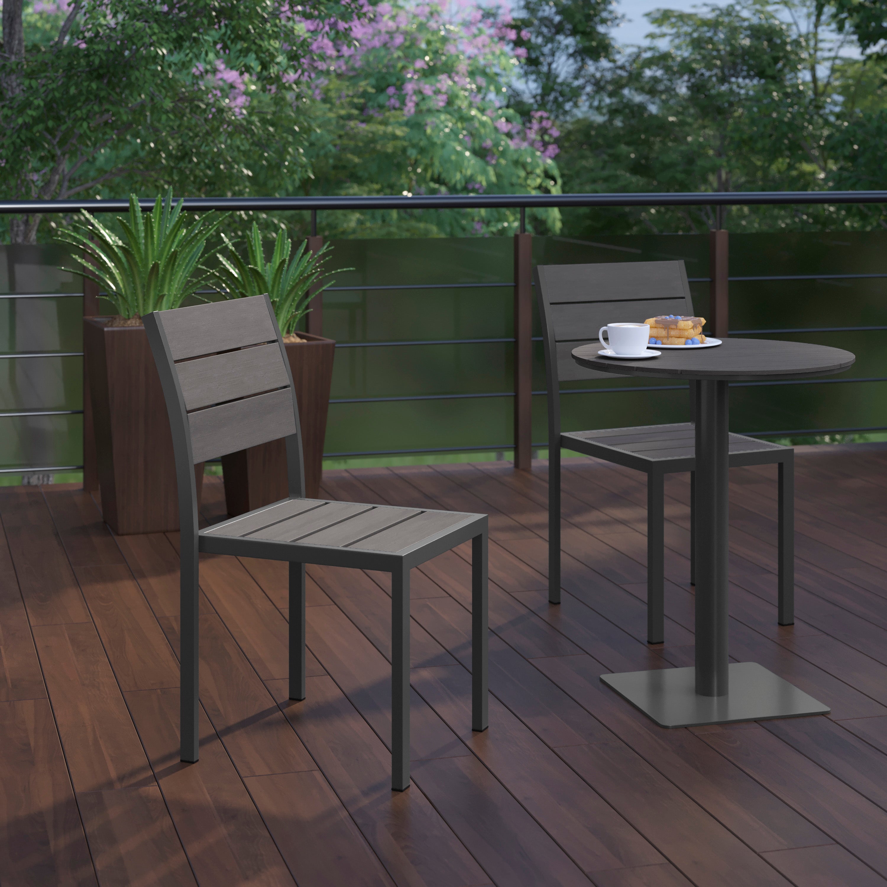 Finch Commercial Grade Armless Patio Chair, Stackable Side Chair with Faux Teak Poly Slats and Metal Frame, Gray/Gray
