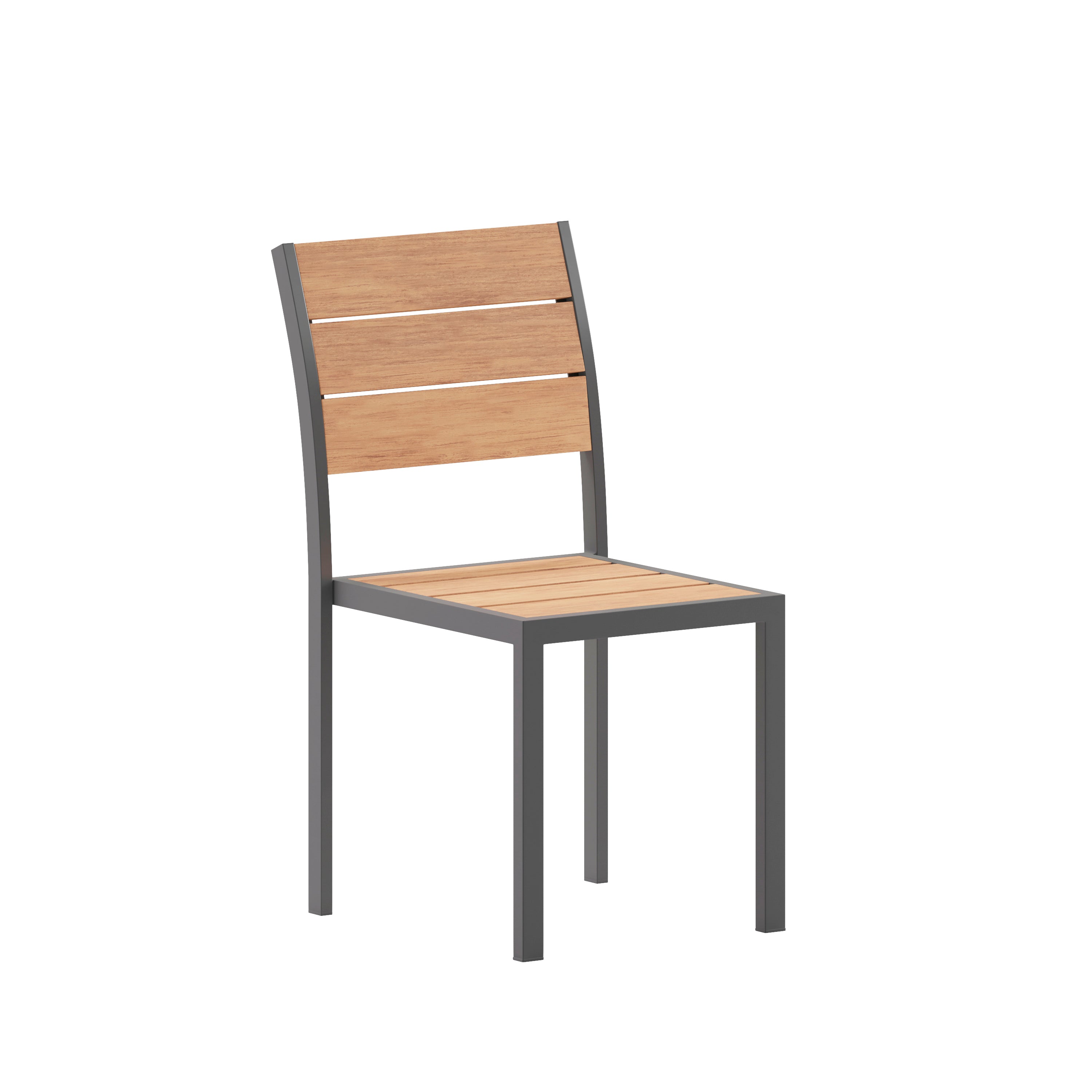 Finch Commercial Grade Armless Patio Chair, Stackable Side Chair with Faux Teak Poly Slats and Metal Frame, Natural/Gray