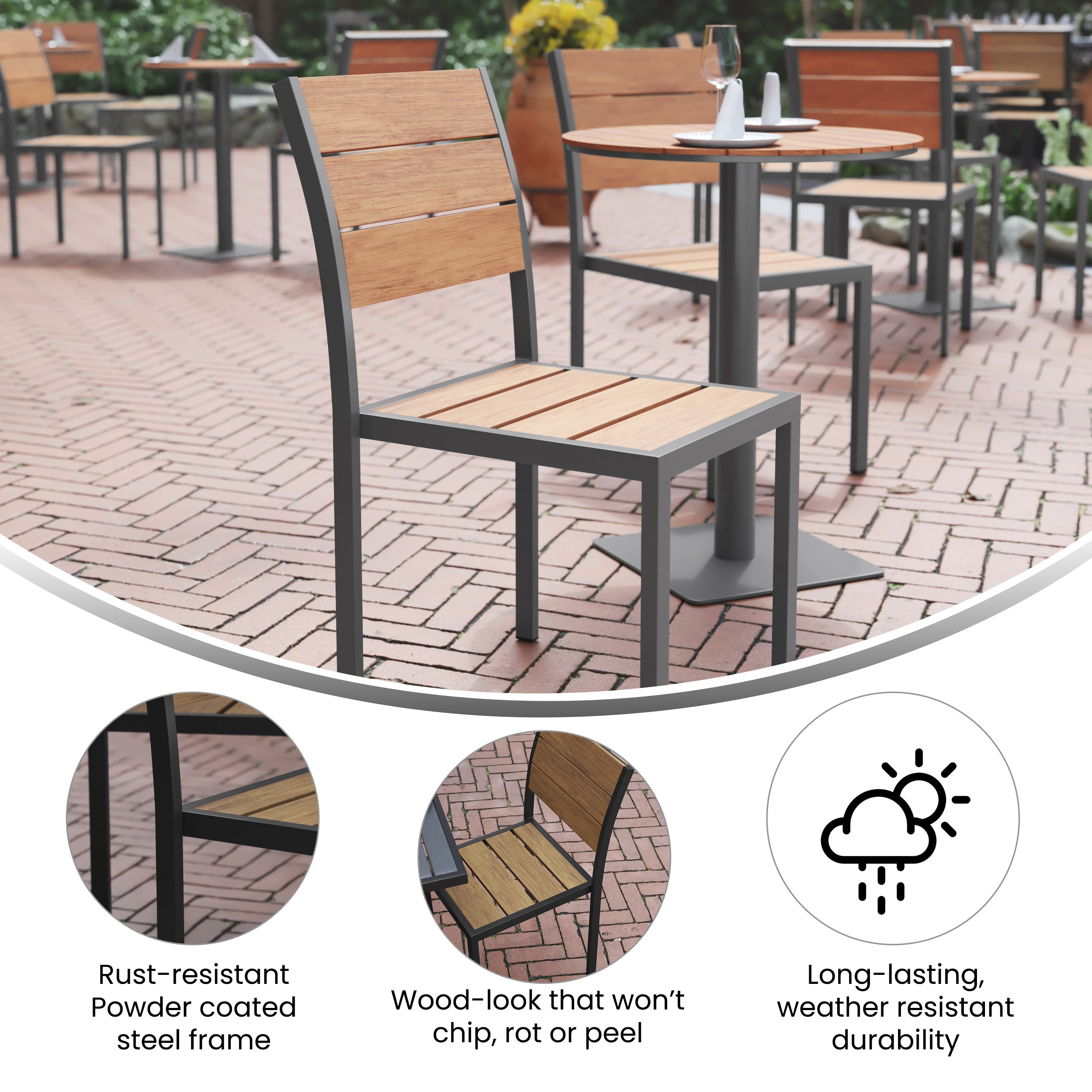 Finch Commercial Grade Armless Patio Chair, Stackable Side Chair with Faux Teak Poly Slats and Metal Frame, Natural/Gray