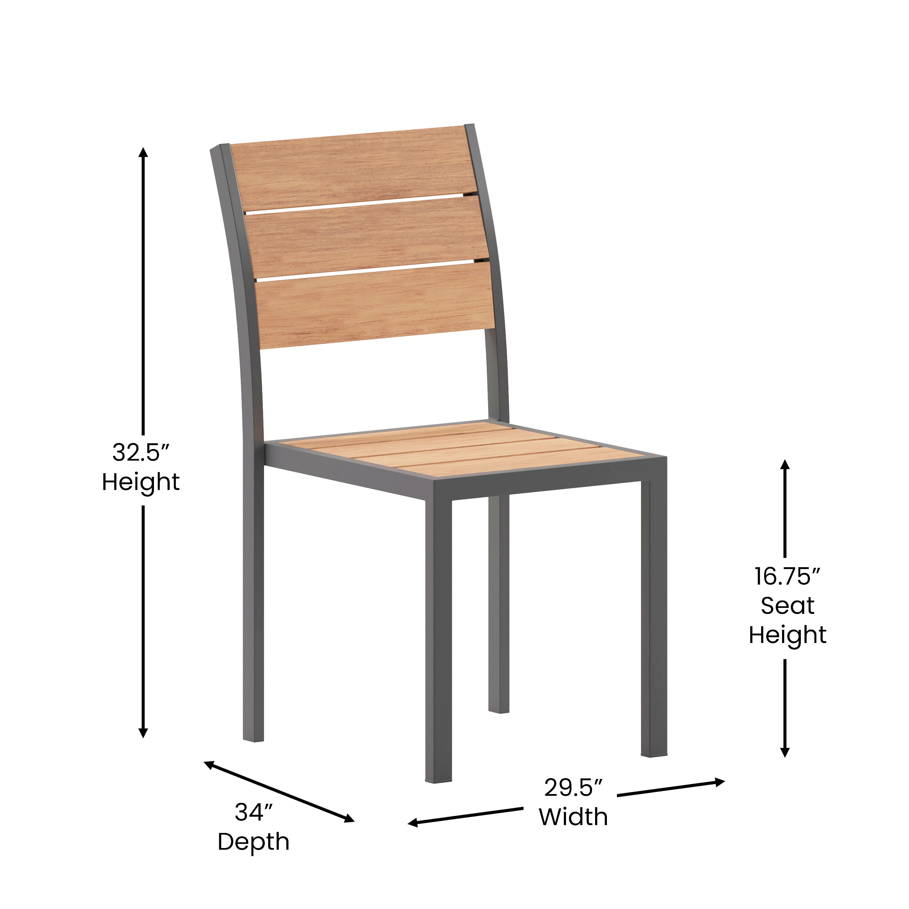 Finch Commercial Grade Armless Patio Chair, Stackable Side Chair with Faux Teak Poly Slats and Metal Frame, Natural/Gray