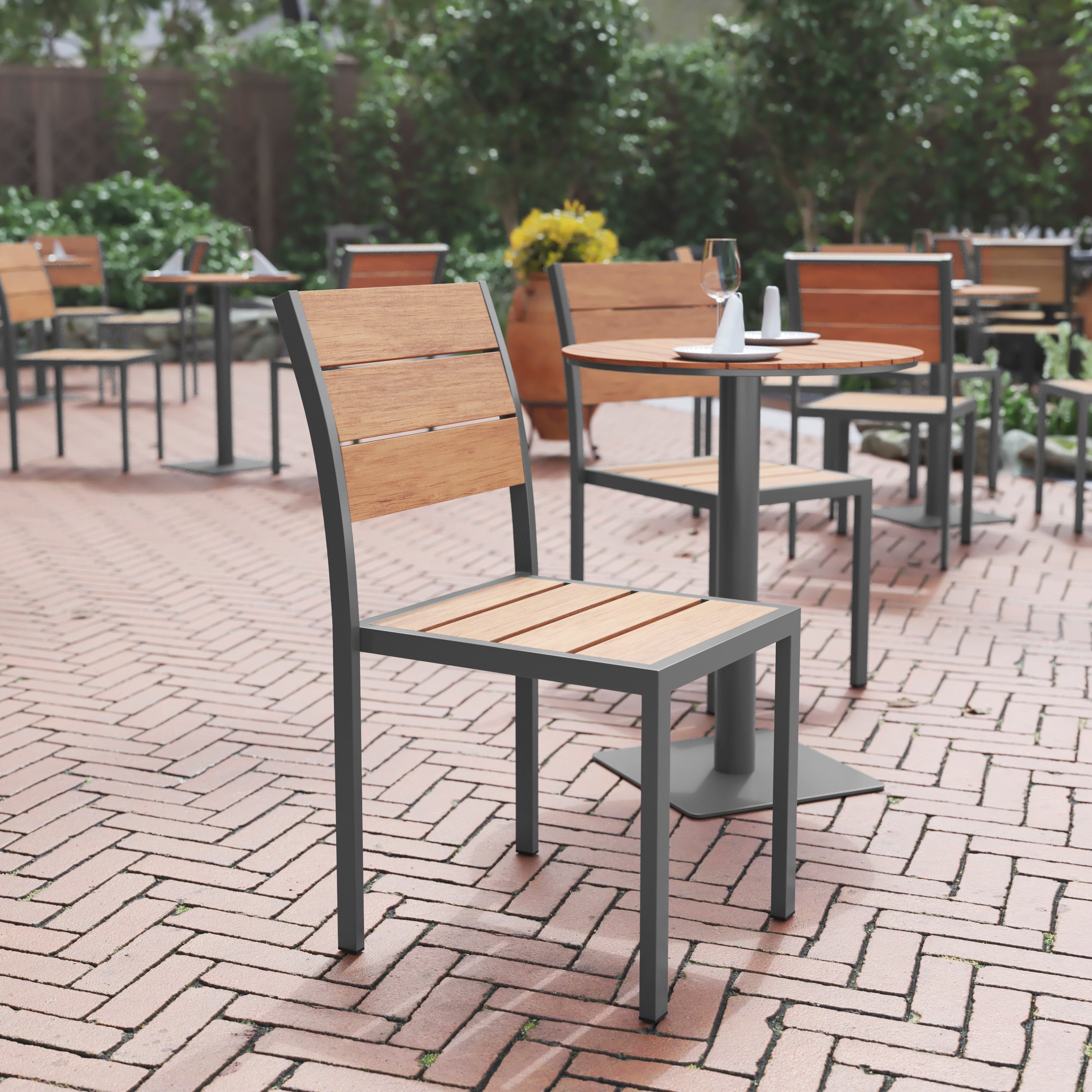 Finch Commercial Grade Armless Patio Chair, Stackable Side Chair with Faux Teak Poly Slats and Metal Frame, Natural/Gray