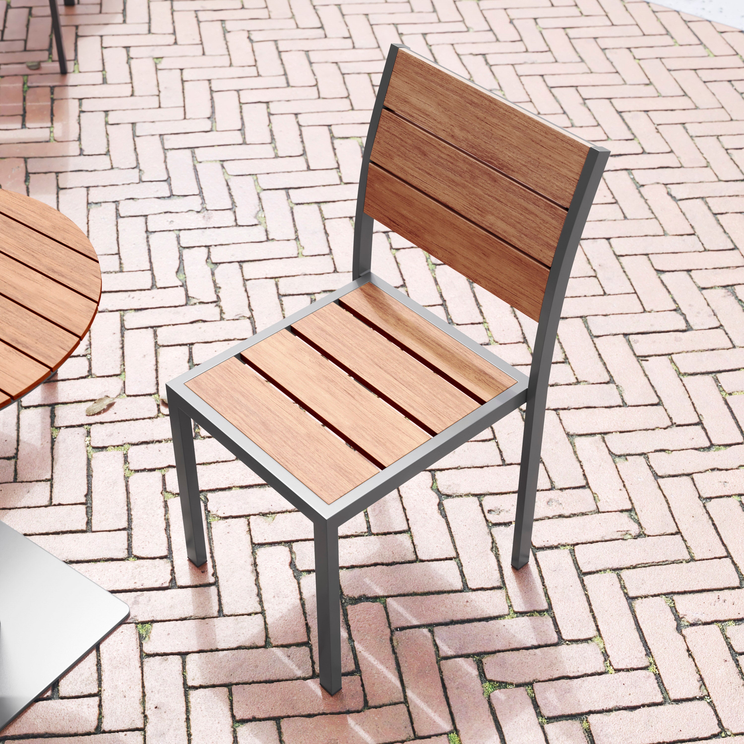 Finch Commercial Grade Armless Patio Chair, Stackable Side Chair with Faux Teak Poly Slats and Metal Frame, Natural/Gray