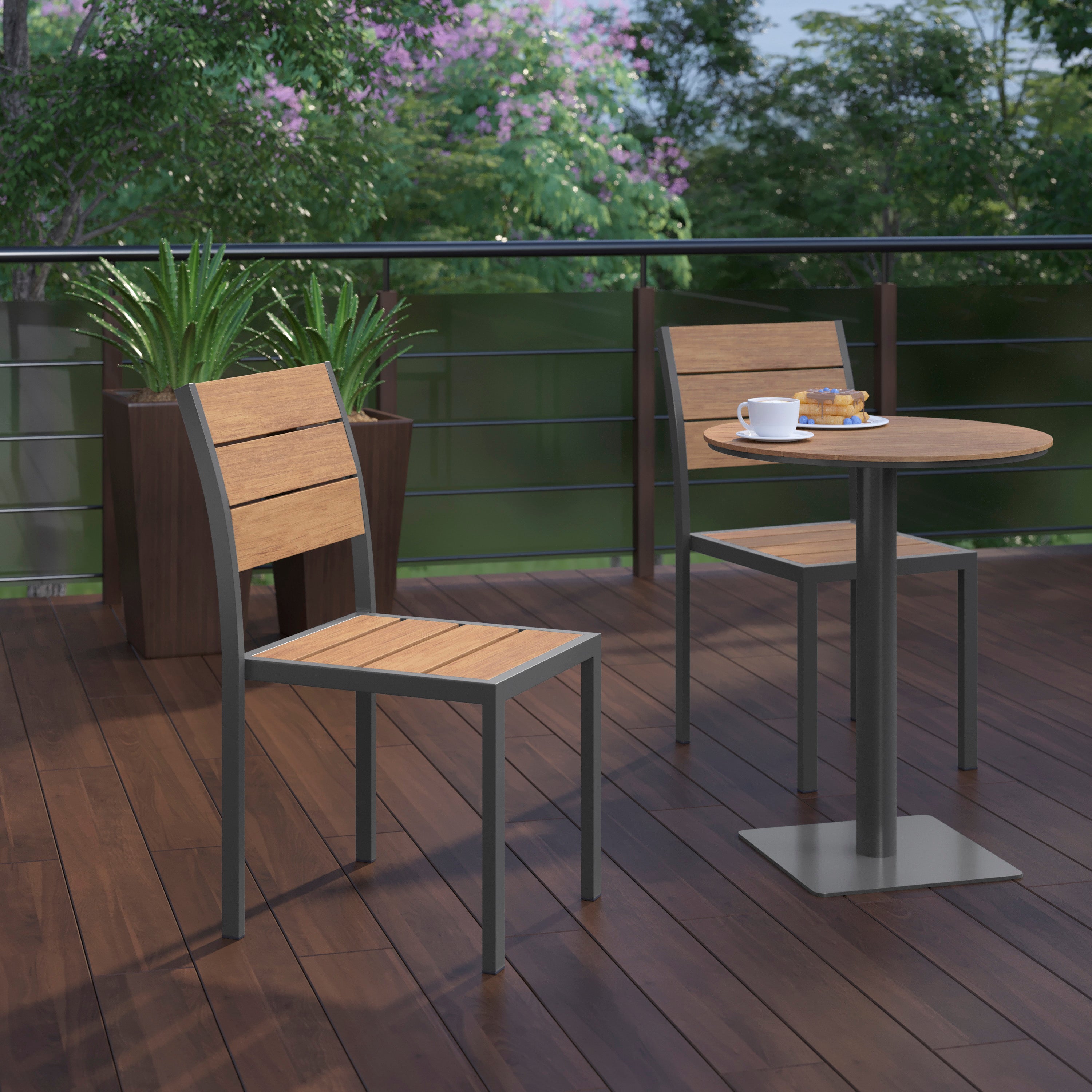 Finch Commercial Grade Armless Patio Chair, Stackable Side Chair with Faux Teak Poly Slats and Metal Frame, Natural/Gray