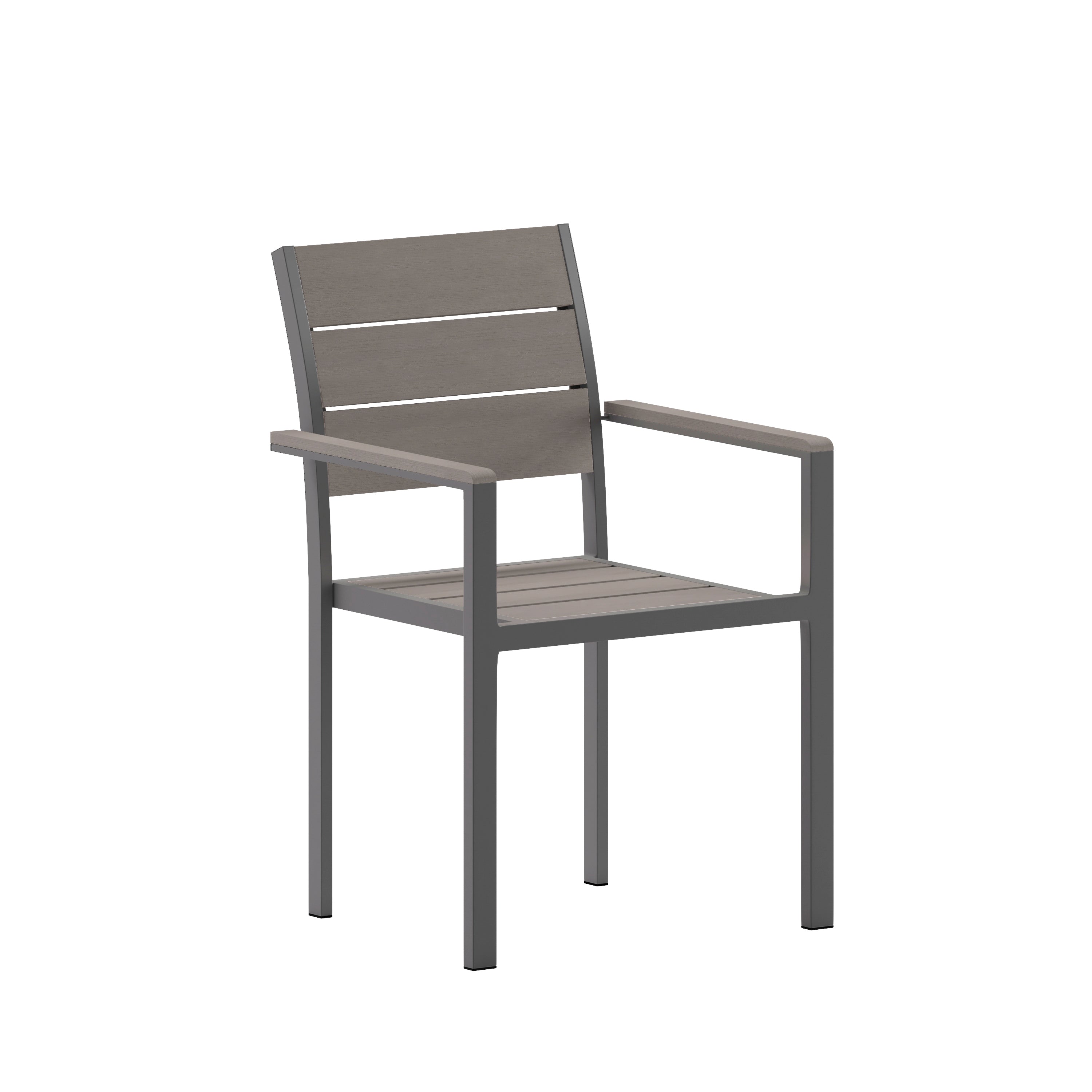 Finch Commercial Grade Patio Chair with Arms, Stackable Side Chair with Faux Teak Poly Slats and Metal Frame, Gray/Gray