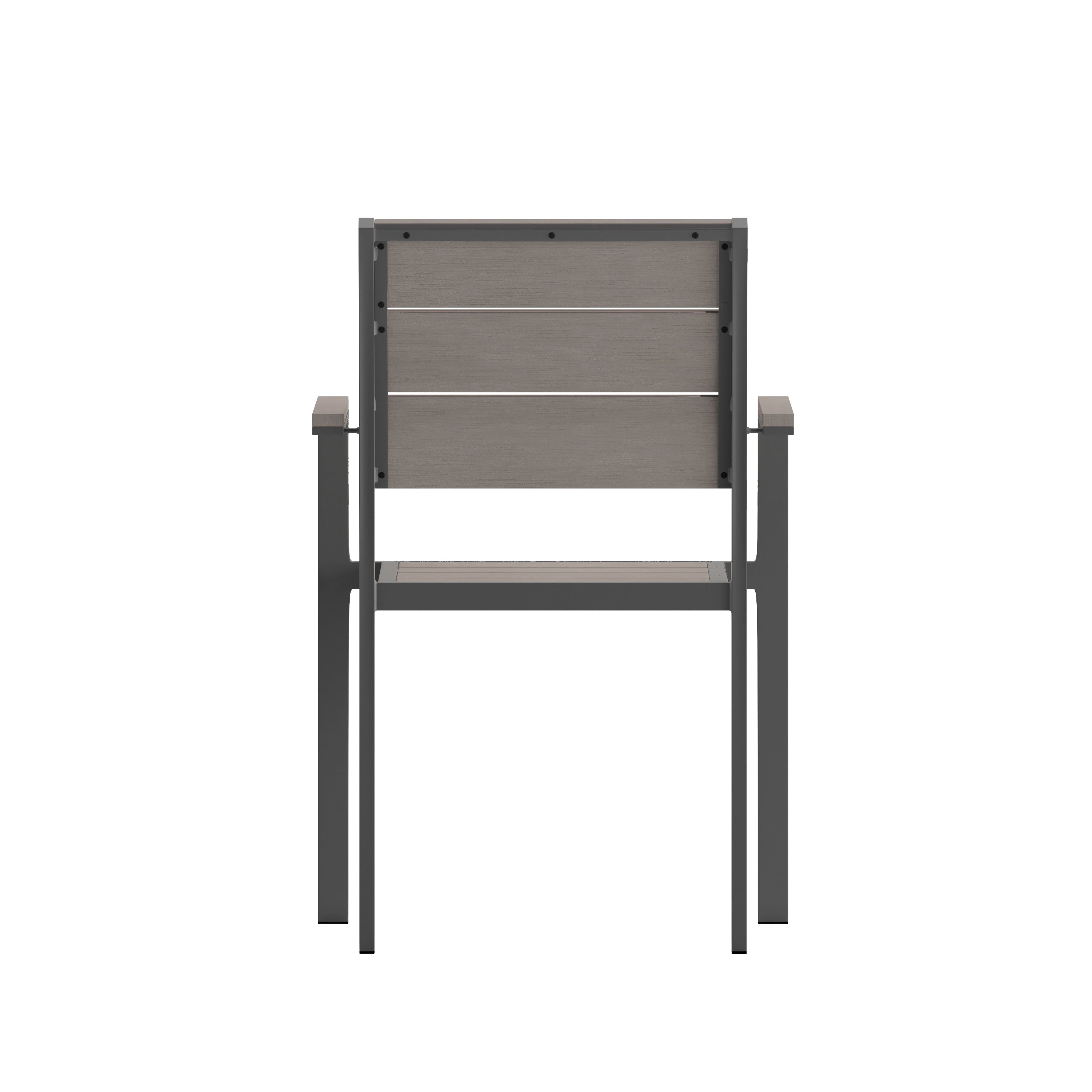 Finch Commercial Grade Patio Chair with Arms, Stackable Side Chair with Faux Teak Poly Slats and Metal Frame, Gray/Gray