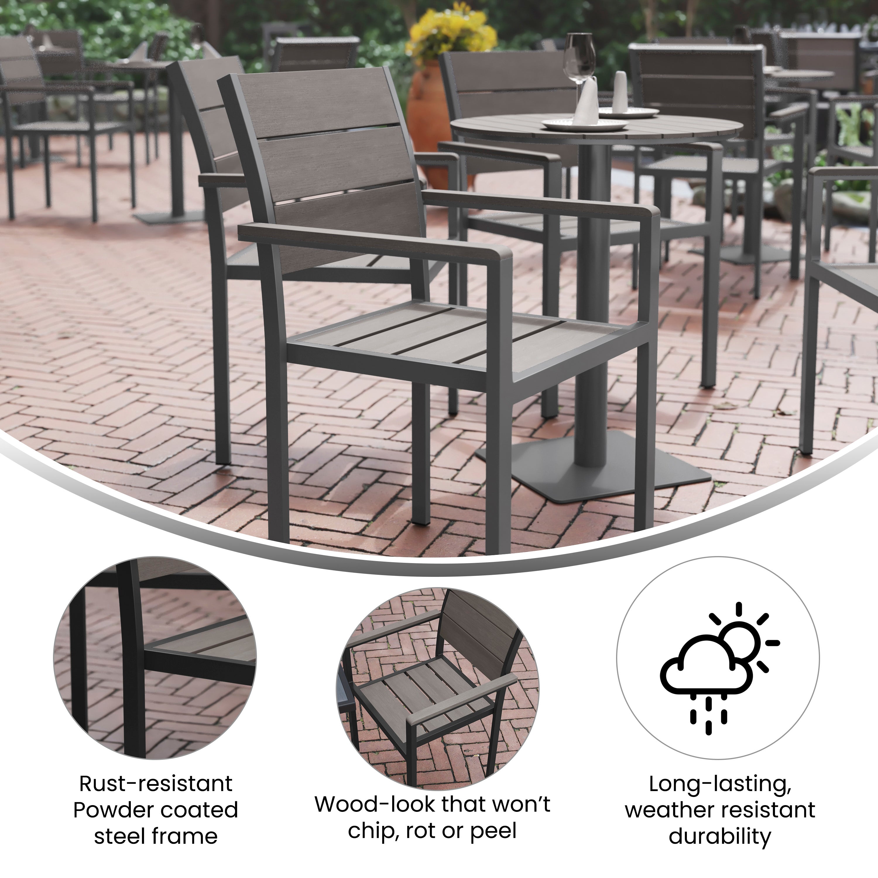 Finch Commercial Grade Patio Chair with Arms, Stackable Side Chair with Faux Teak Poly Slats and Metal Frame, Gray/Gray
