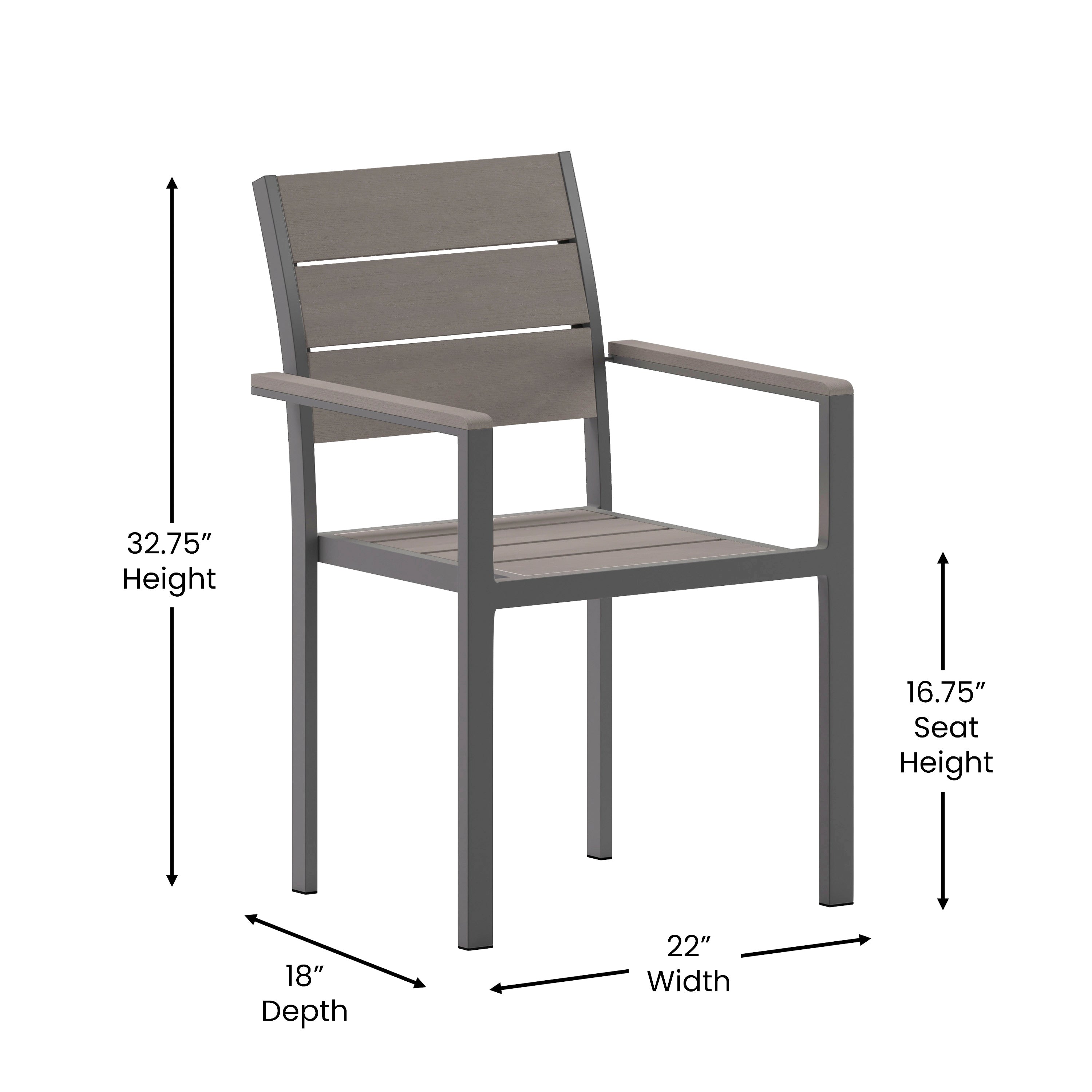 Finch Commercial Grade Patio Chair with Arms, Stackable Side Chair with Faux Teak Poly Slats and Metal Frame, Gray/Gray