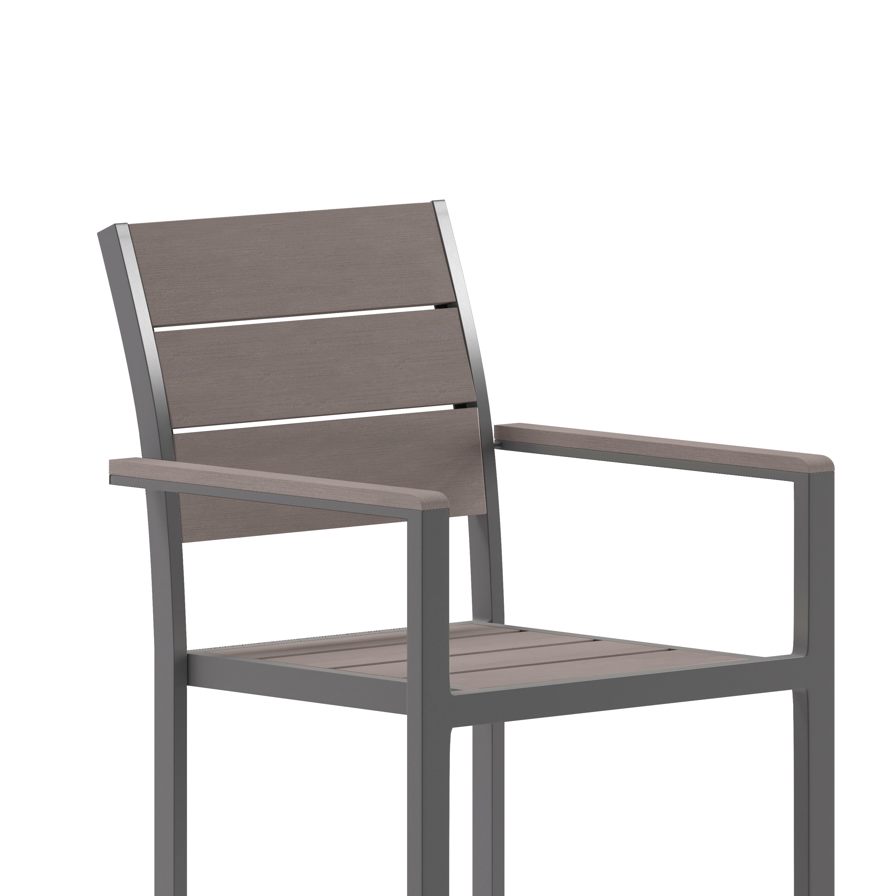 Finch Commercial Grade Patio Chair with Arms, Stackable Side Chair with Faux Teak Poly Slats and Metal Frame, Gray/Gray