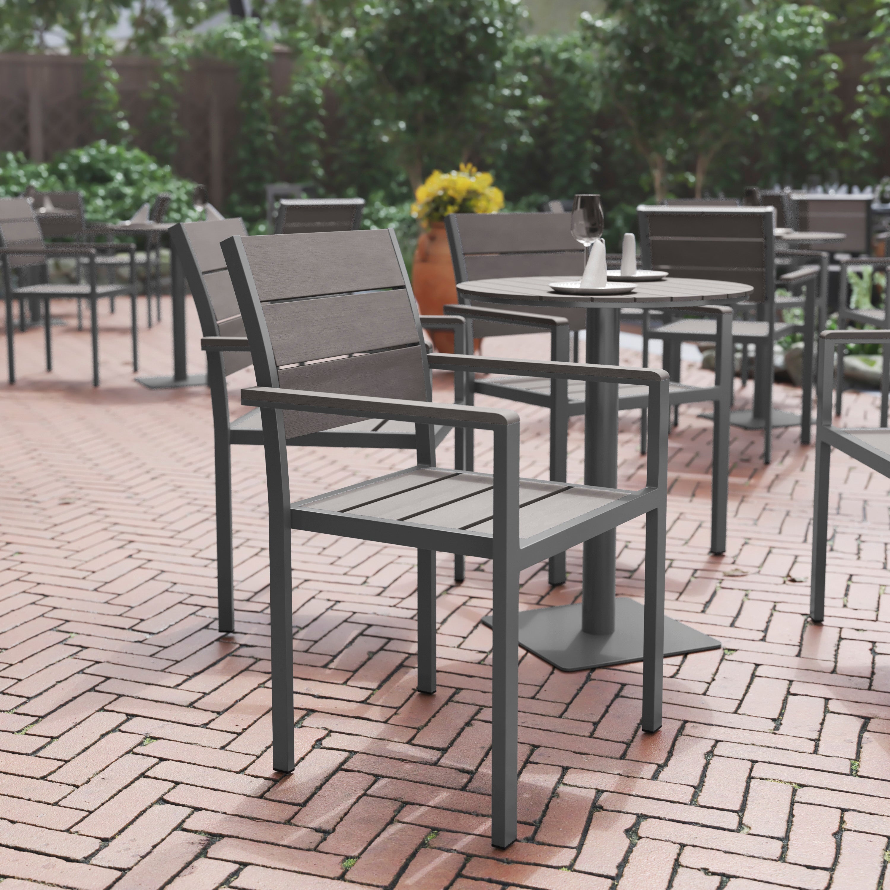 Finch Commercial Grade Patio Chair with Arms, Stackable Side Chair with Faux Teak Poly Slats and Metal Frame, Gray/Gray