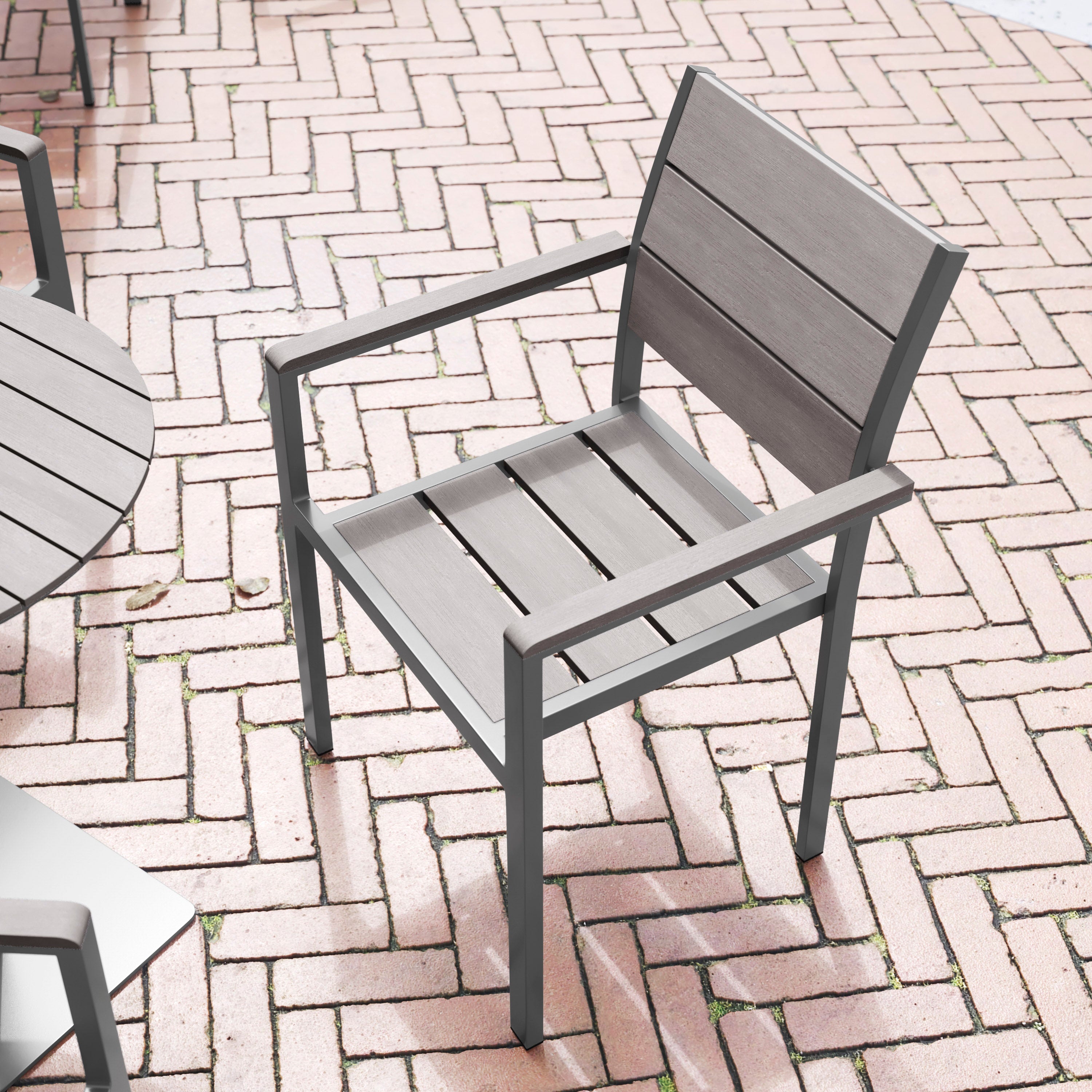 Finch Commercial Grade Patio Chair with Arms, Stackable Side Chair with Faux Teak Poly Slats and Metal Frame, Gray/Gray