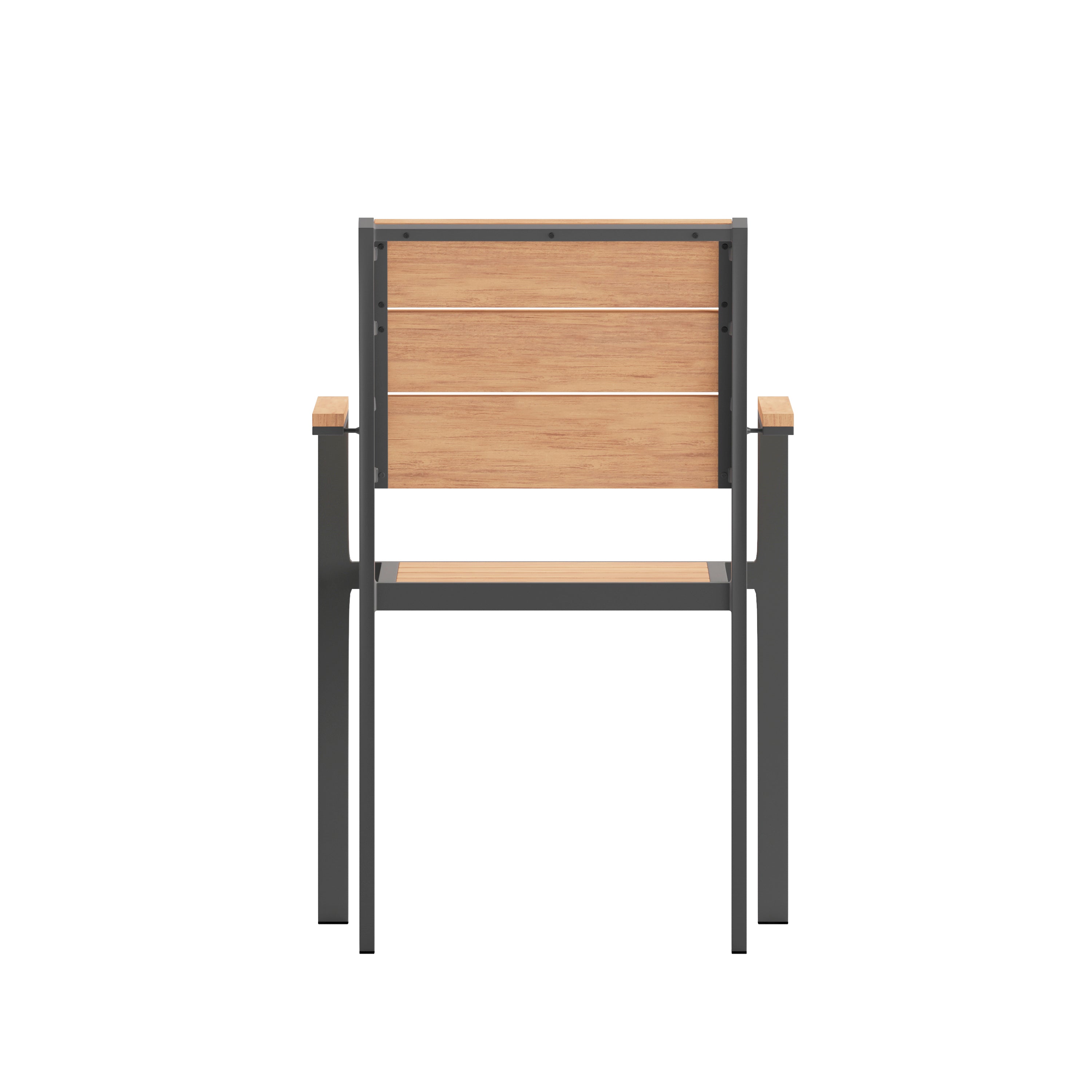 Finch Commercial Grade Patio Chair with Arms, Stackable Side Chair with Faux Teak Poly Slats and Metal Frame, Natural/Gray