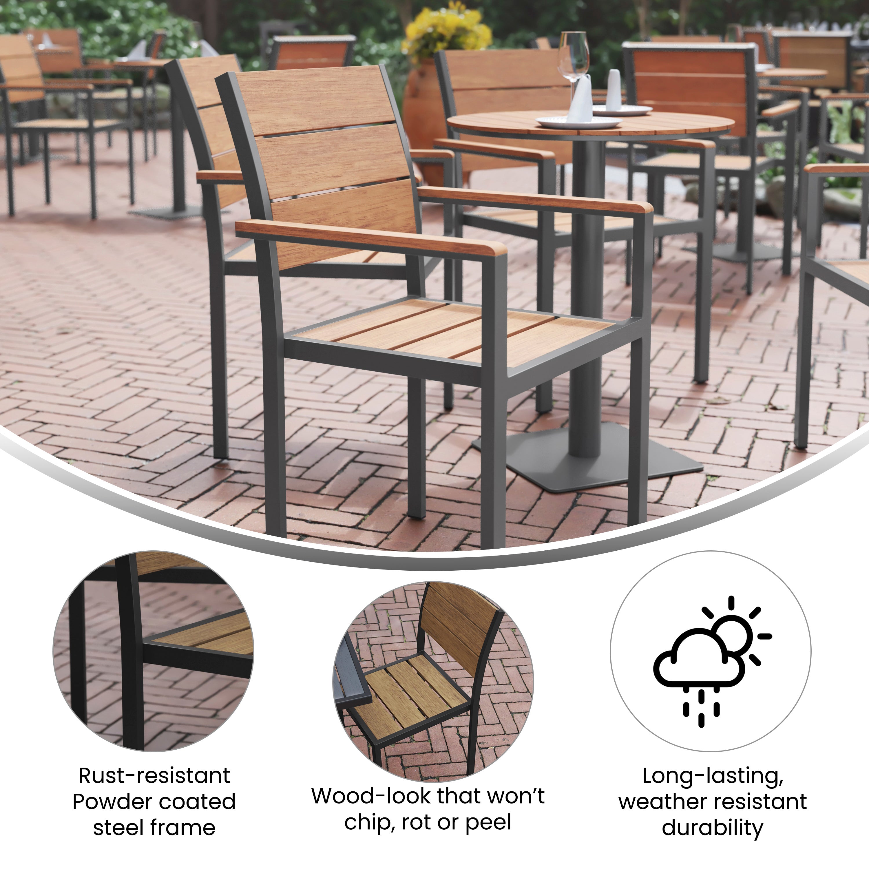 Finch Commercial Grade Patio Chair with Arms, Stackable Side Chair with Faux Teak Poly Slats and Metal Frame, Natural/Gray