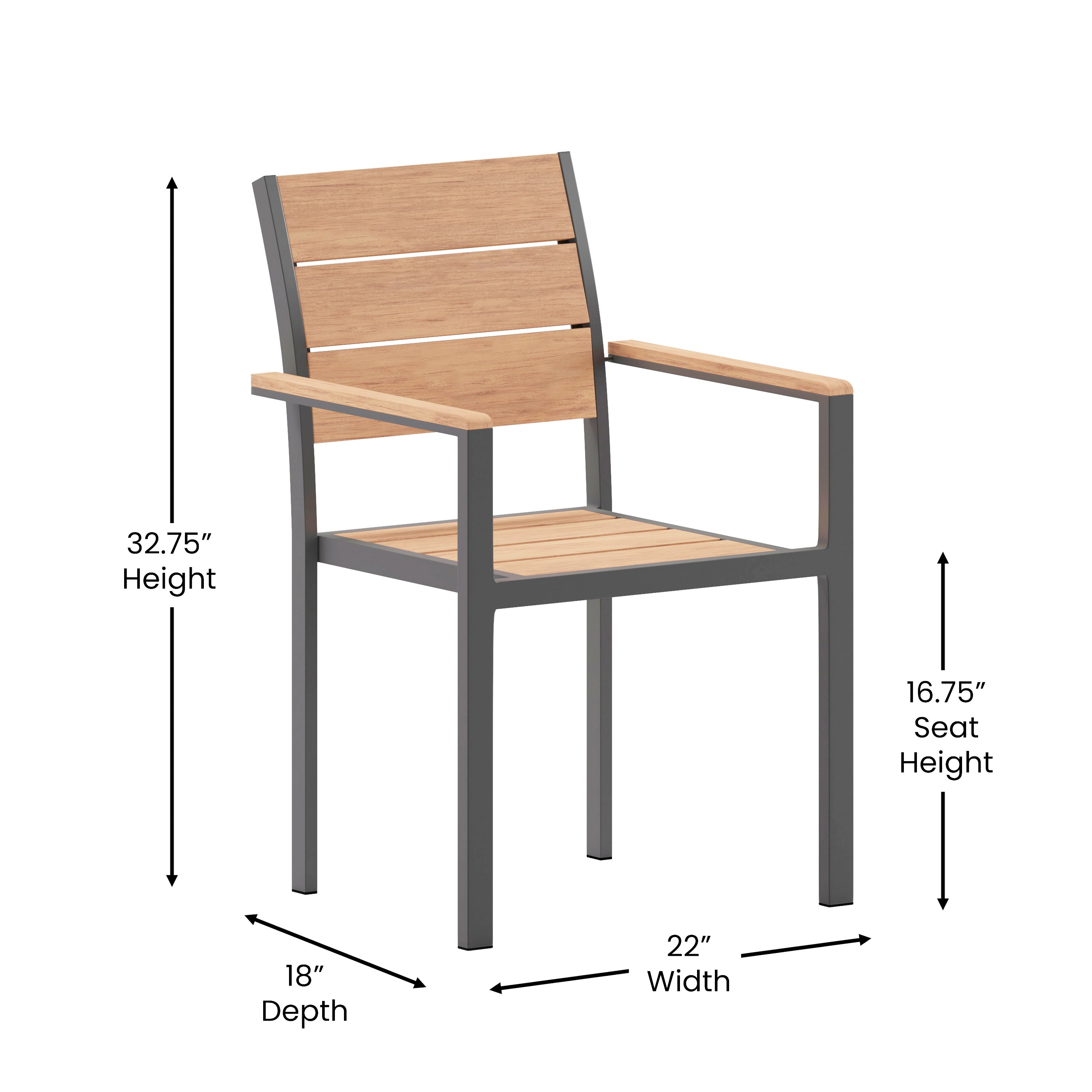 Finch Commercial Grade Patio Chair with Arms, Stackable Side Chair with Faux Teak Poly Slats and Metal Frame, Natural/Gray