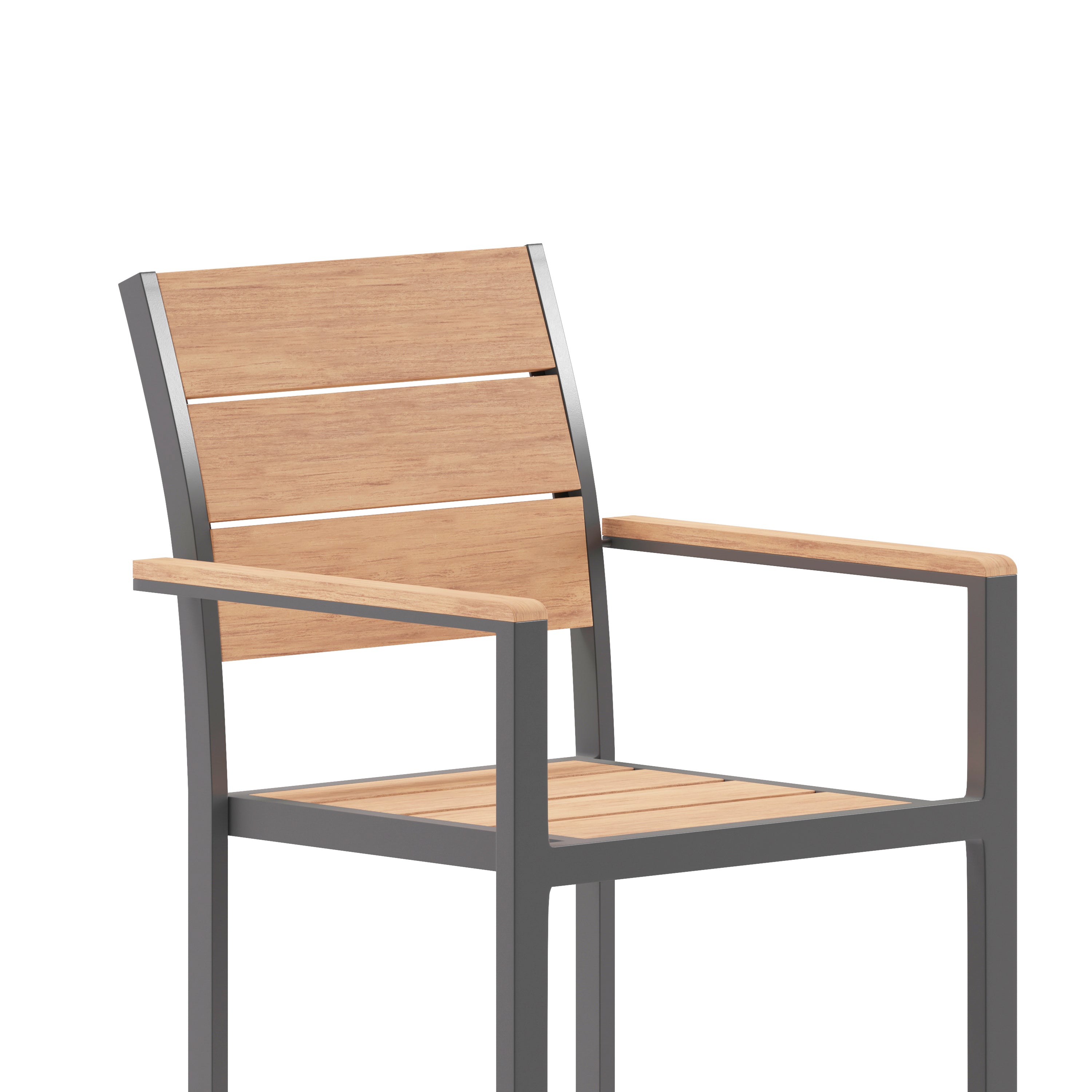 Finch Commercial Grade Patio Chair with Arms, Stackable Side Chair with Faux Teak Poly Slats and Metal Frame, Natural/Gray