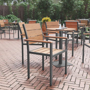 Finch Commercial Grade Patio Chair with Arms, Stackable Side Chair with Faux Teak Poly Slats and Metal Frame, Natural/Gray