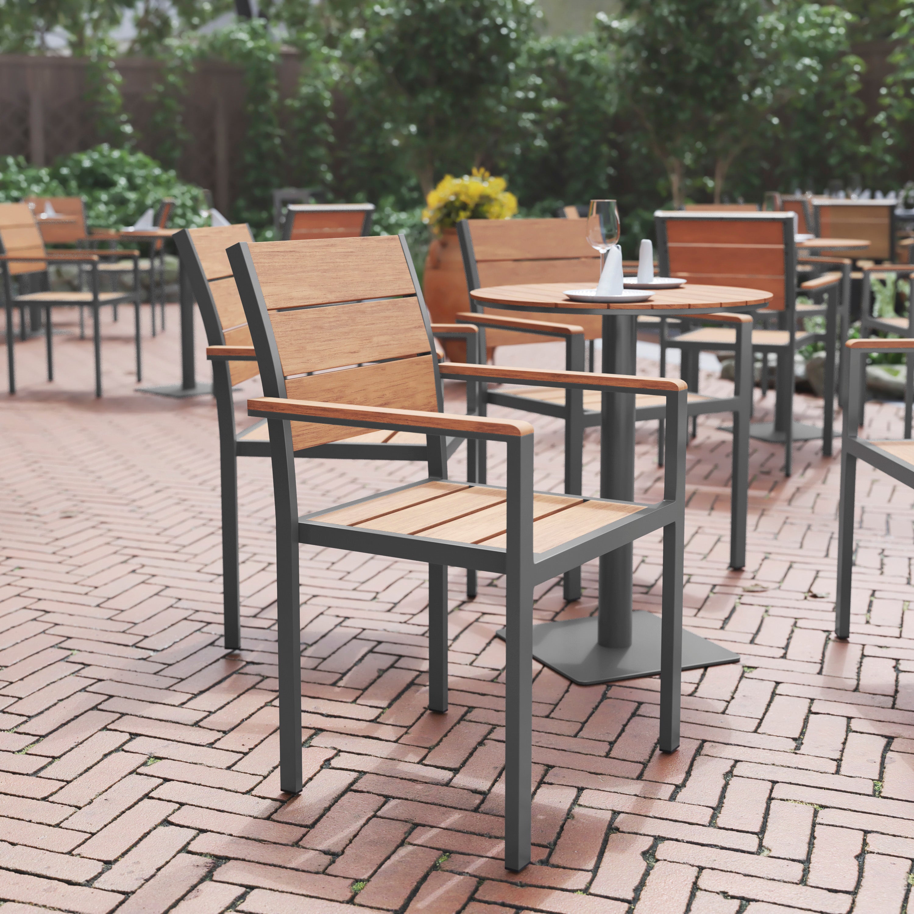 Finch Commercial Grade Patio Chair with Arms, Stackable Side Chair with Faux Teak Poly Slats and Metal Frame, Natural/Gray