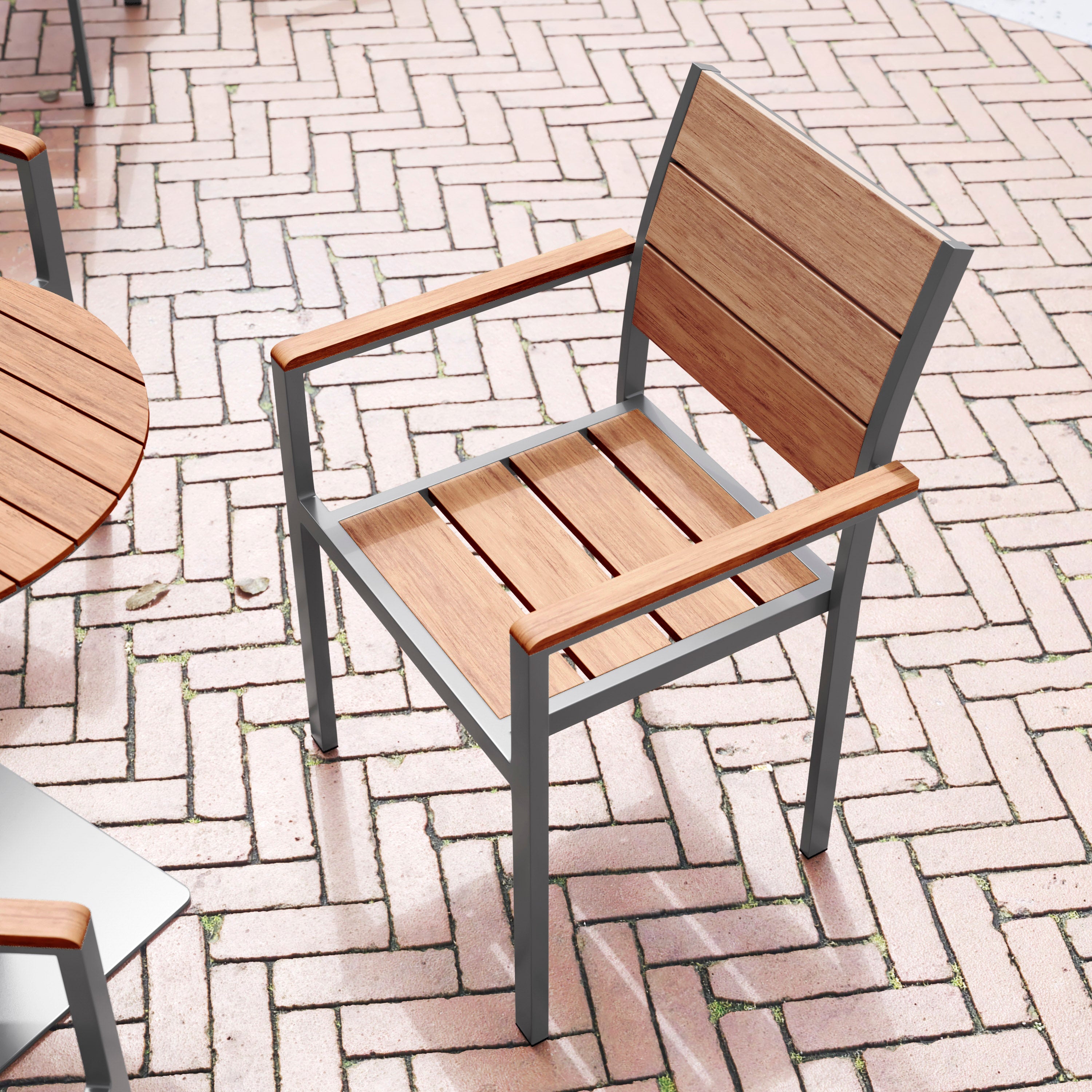 Finch Commercial Grade Patio Chair with Arms, Stackable Side Chair with Faux Teak Poly Slats and Metal Frame, Natural/Gray