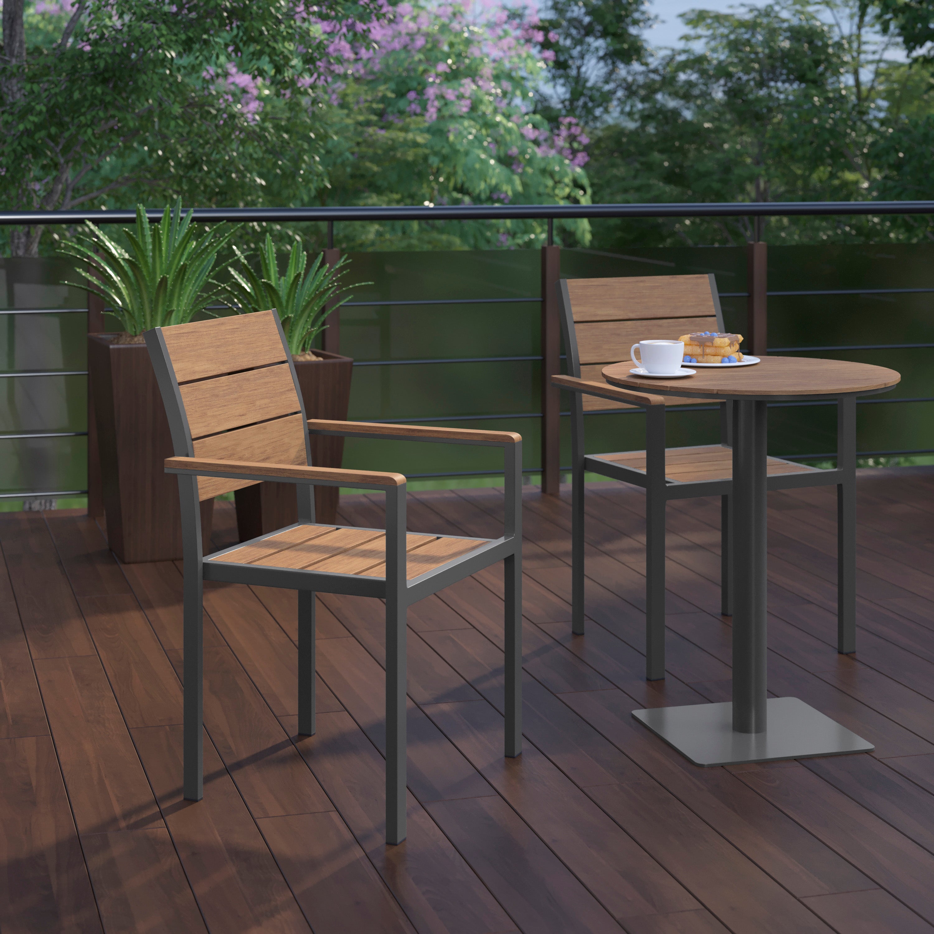 Finch Commercial Grade Patio Chair with Arms, Stackable Side Chair with Faux Teak Poly Slats and Metal Frame, Natural/Gray
