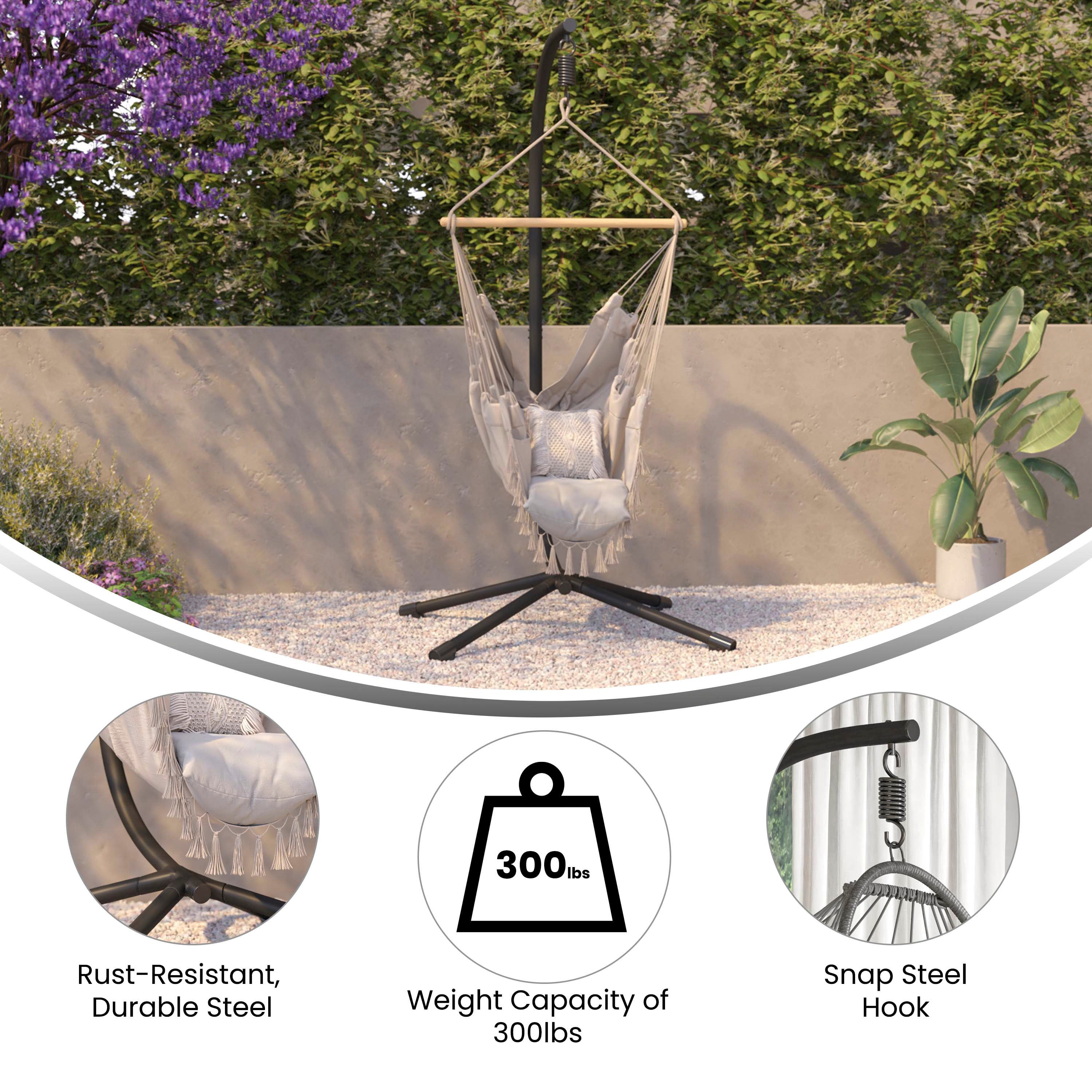 Harvo Heavy Duty Commercial Grade All-Weather Hanging Hammock Chair C-Stand with Steel Offset Base and Hardware, 360 Degree Rotation, Black