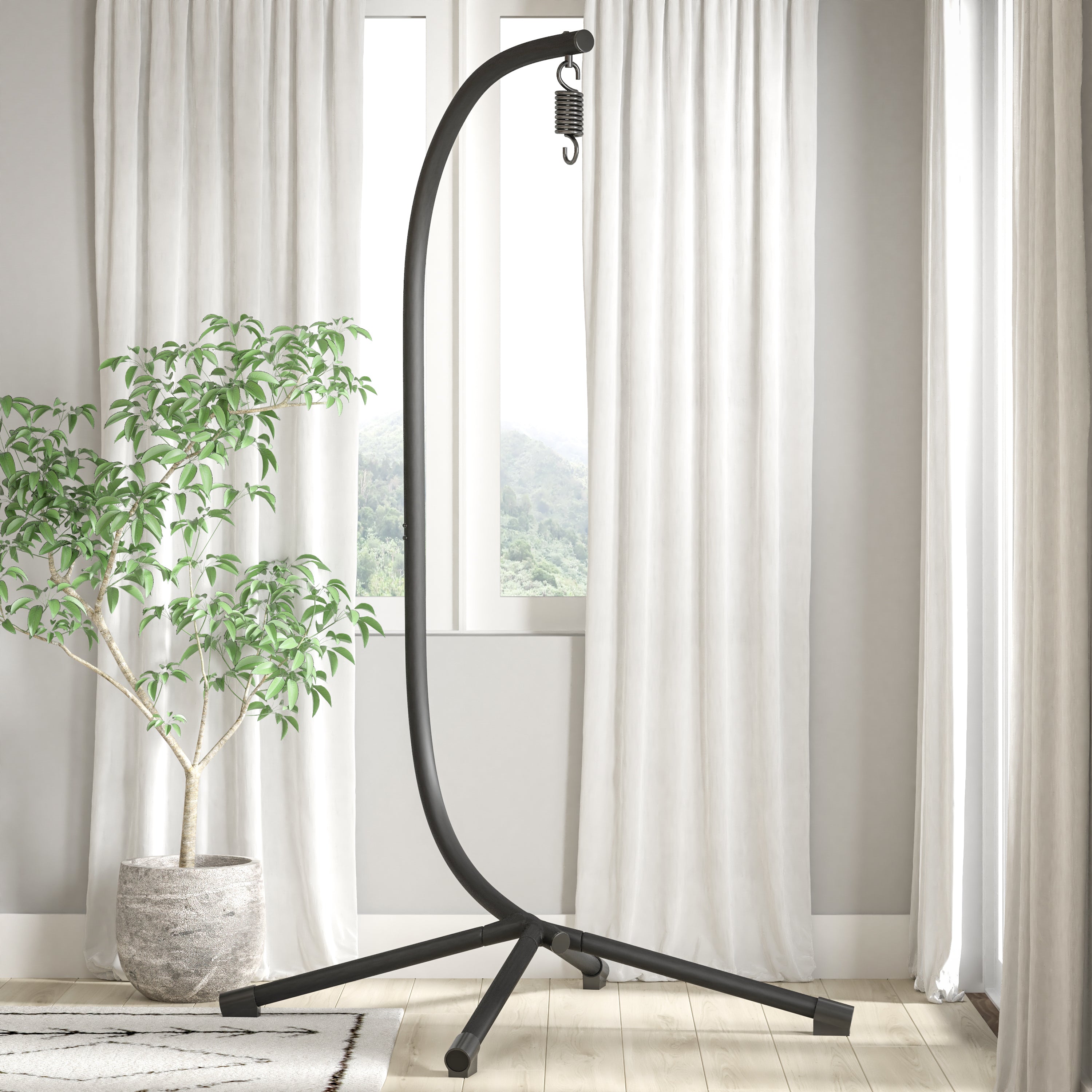Harvo Heavy Duty Commercial Grade All-Weather Hanging Hammock Chair C-Stand with Steel Offset Base and Hardware, 360 Degree Rotation, Black