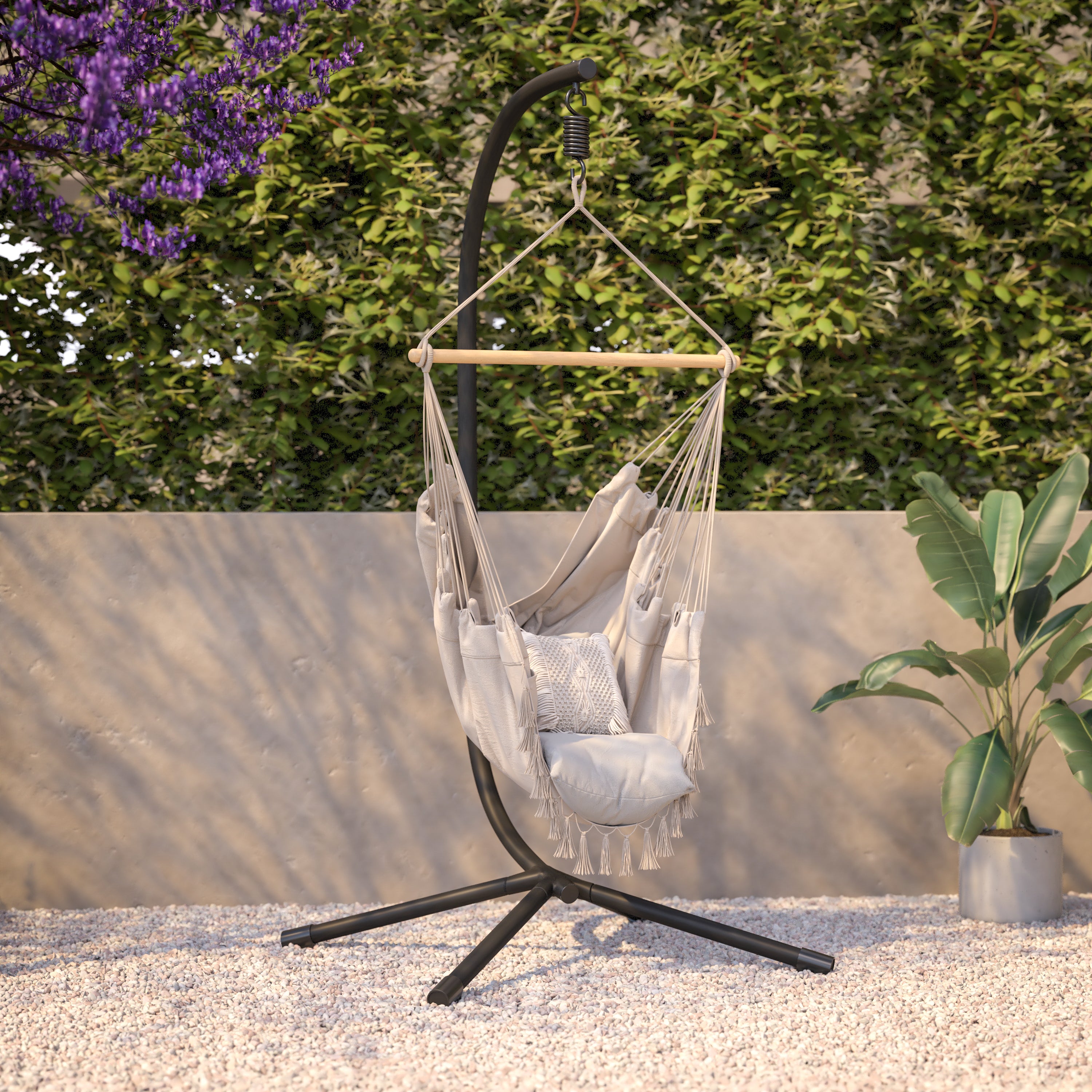 Harvo Heavy Duty Commercial Grade All-Weather Hanging Hammock Chair C-Stand with Steel Offset Base and Hardware, 360 Degree Rotation, Black