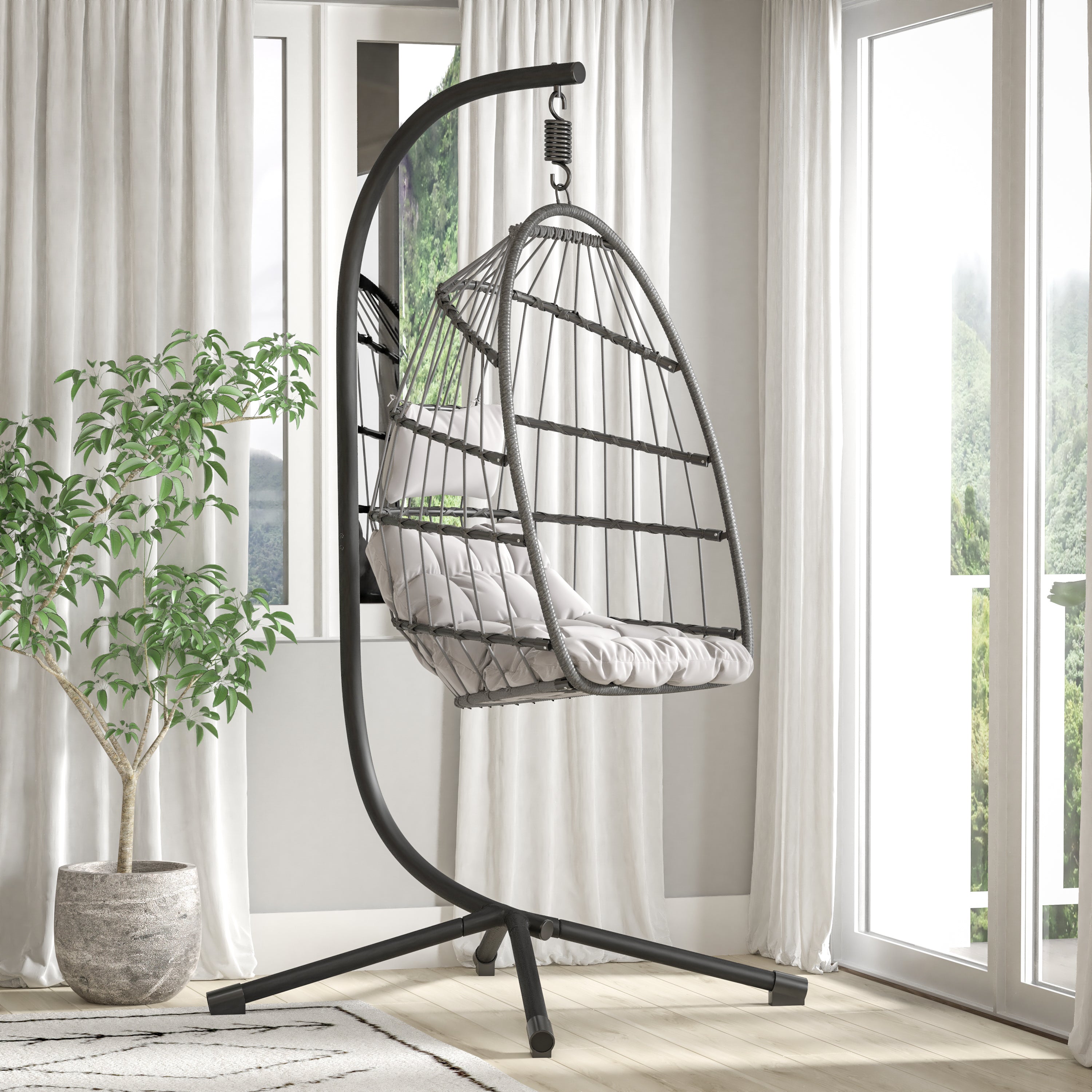 Harvo Heavy Duty Commercial Grade All-Weather Hanging Hammock Chair C-Stand with Steel Offset Base and Hardware, 360 Degree Rotation, Black