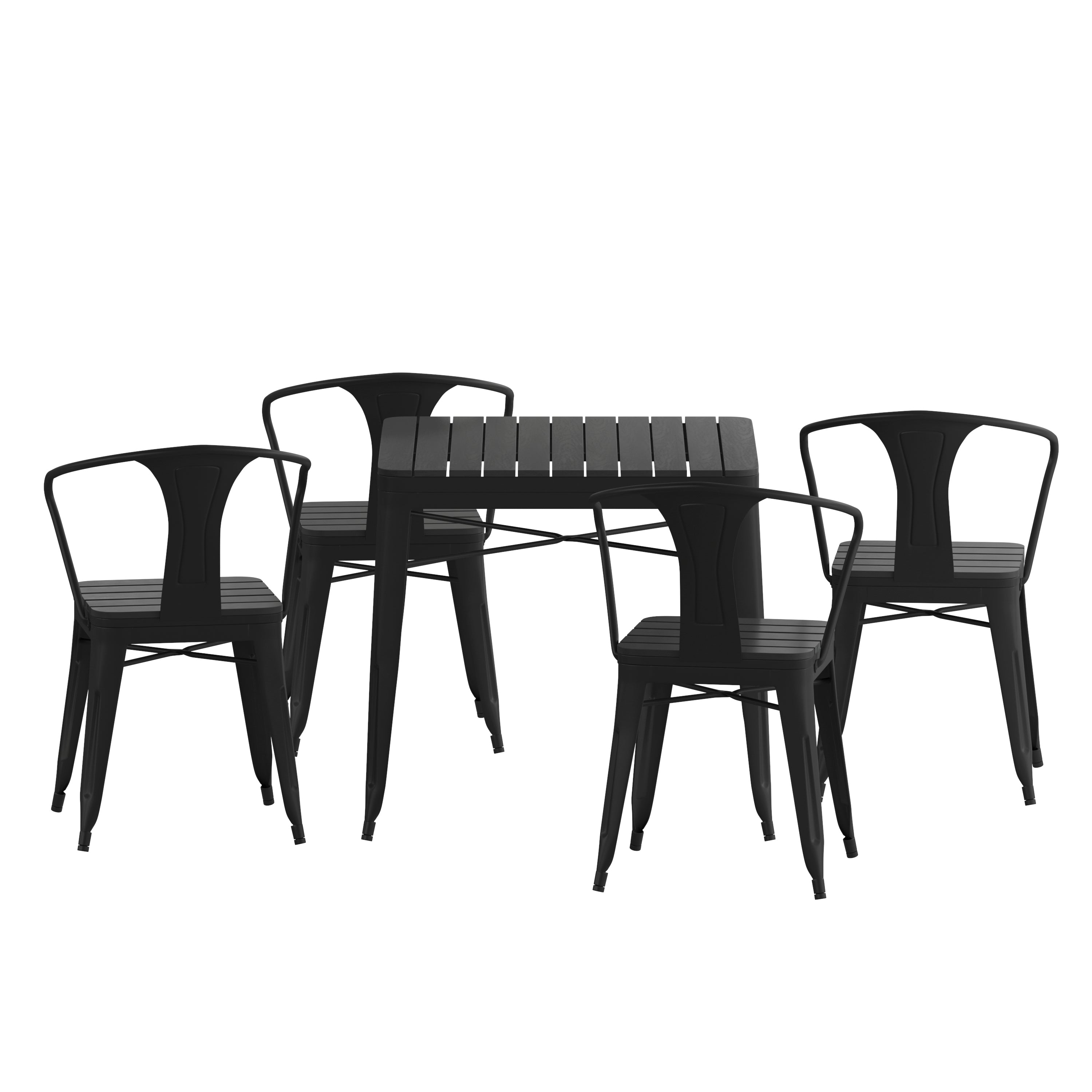Helvey Commercial 5 Piece Indoor-Outdoor Table and Chairs, 31.5" Square Table with Poly Resin Top, 4 Metal Chairs with Poly Resin Seats, Black