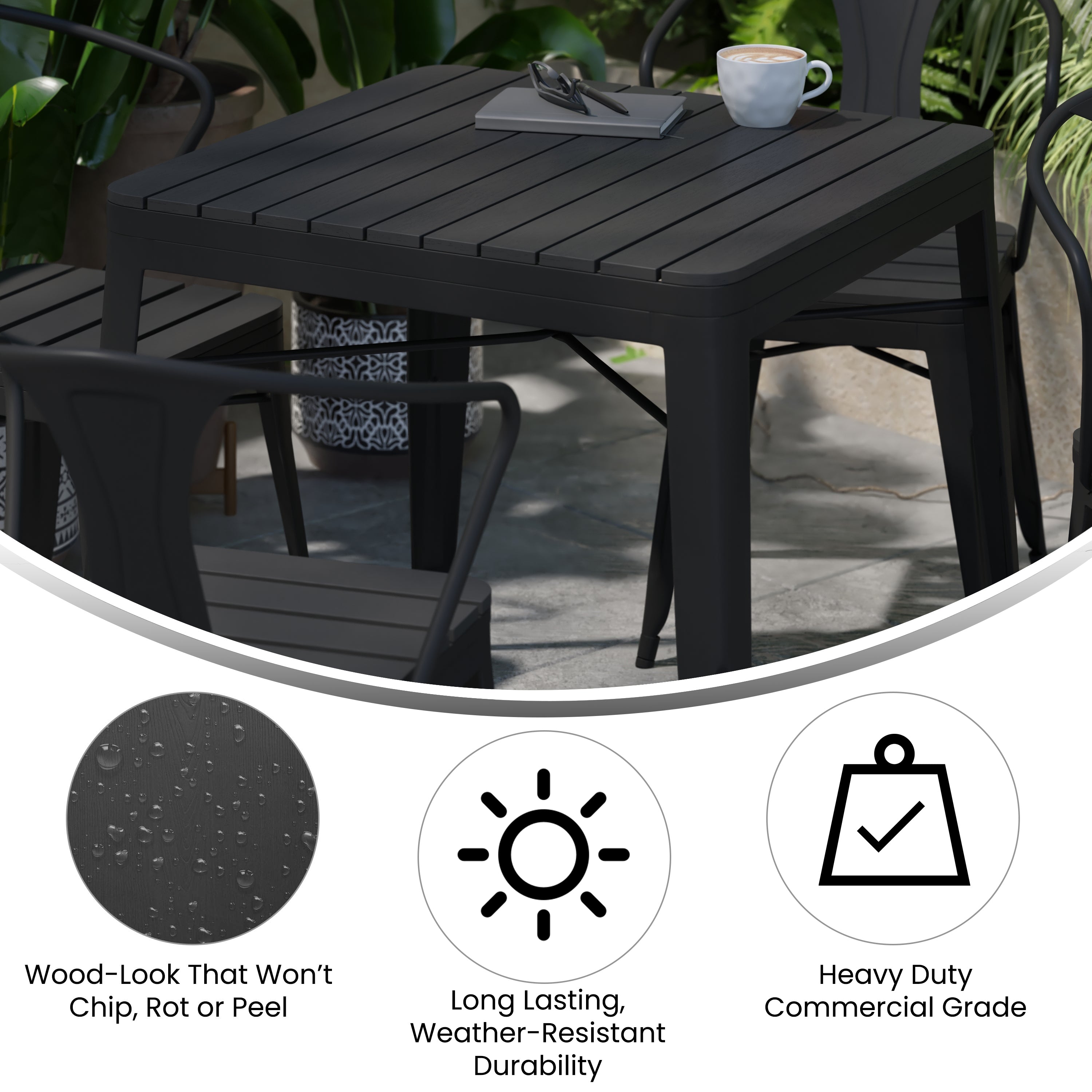 Helvey Commercial 5 Piece Indoor-Outdoor Table and Chairs, 31.5" Square Table with Poly Resin Top, 4 Metal Chairs with Poly Resin Seats, Black