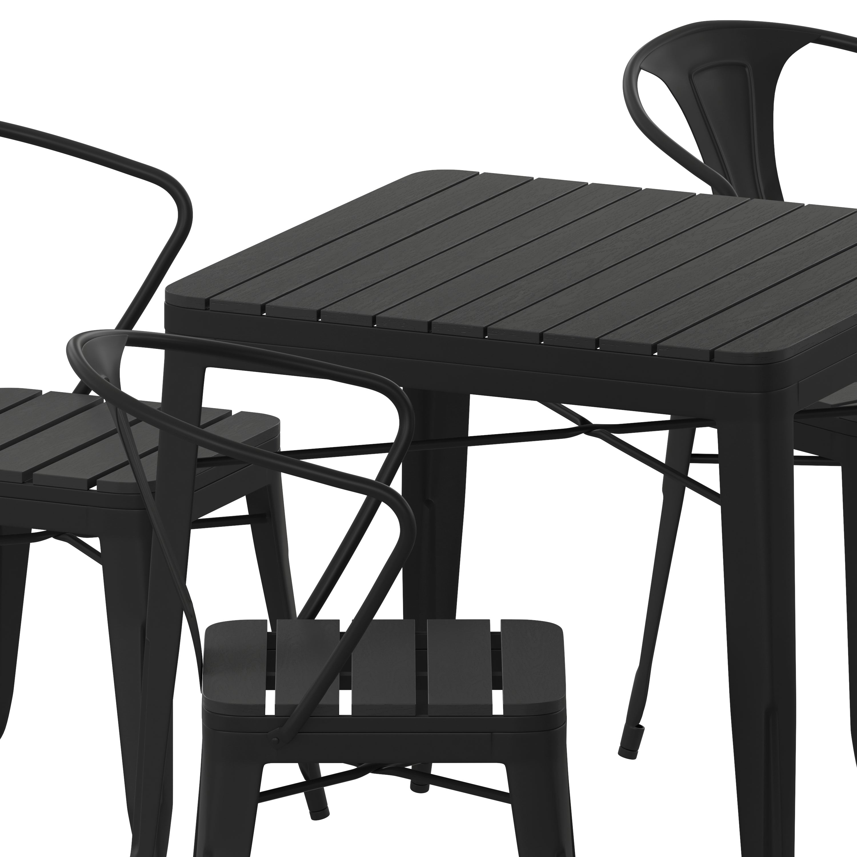Helvey Commercial 5 Piece Indoor-Outdoor Table and Chairs, 31.5" Square Table with Poly Resin Top, 4 Metal Chairs with Poly Resin Seats, Black